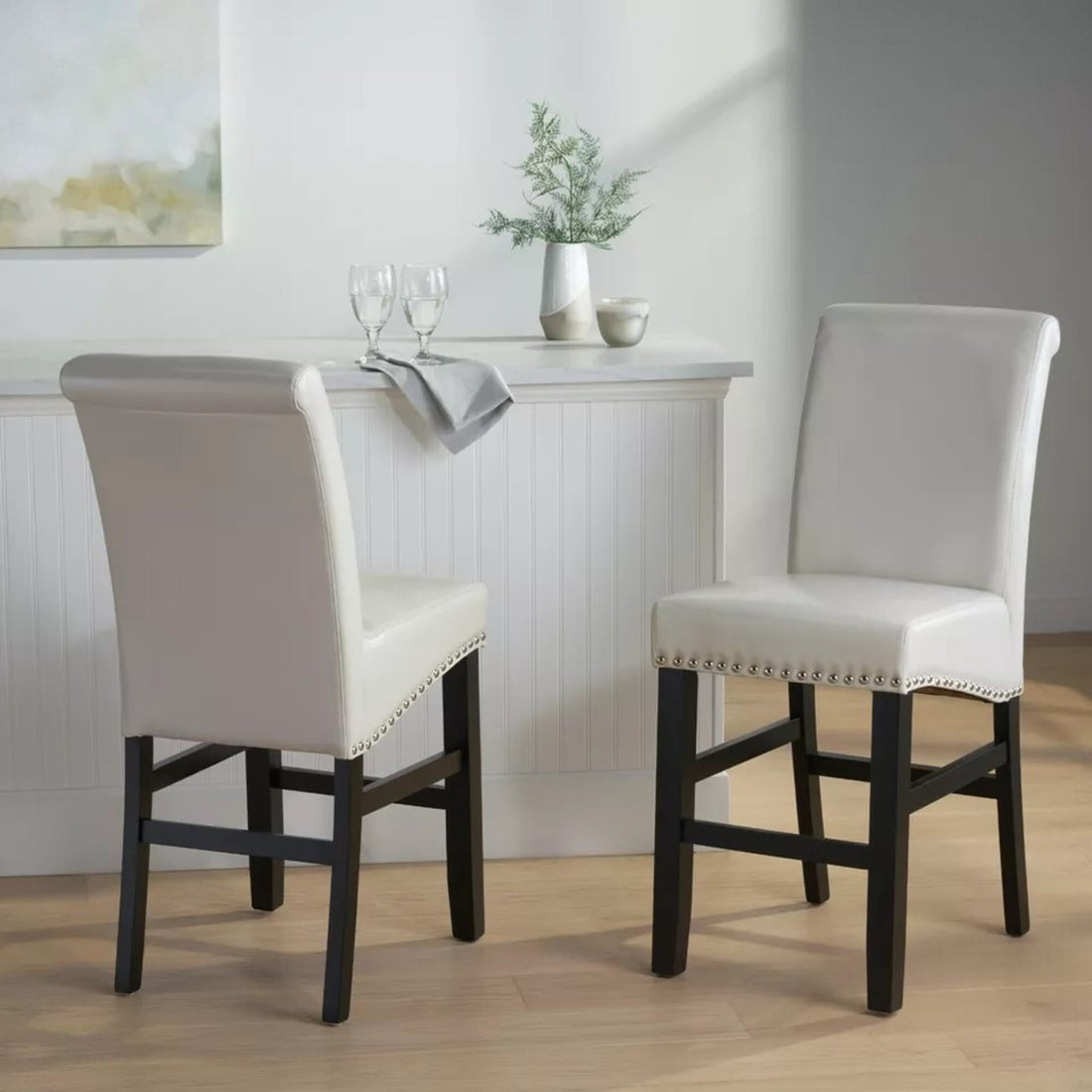 Contemporary Leather Counter Stools,Ivory Dining Chairs With Nail Head Decoration Set Of 2 ,25 Inches Upholstered Dining Chairs Suitable For Kitchen Bedroom Dining Room. Oak Wood Ivory Black Kitchen