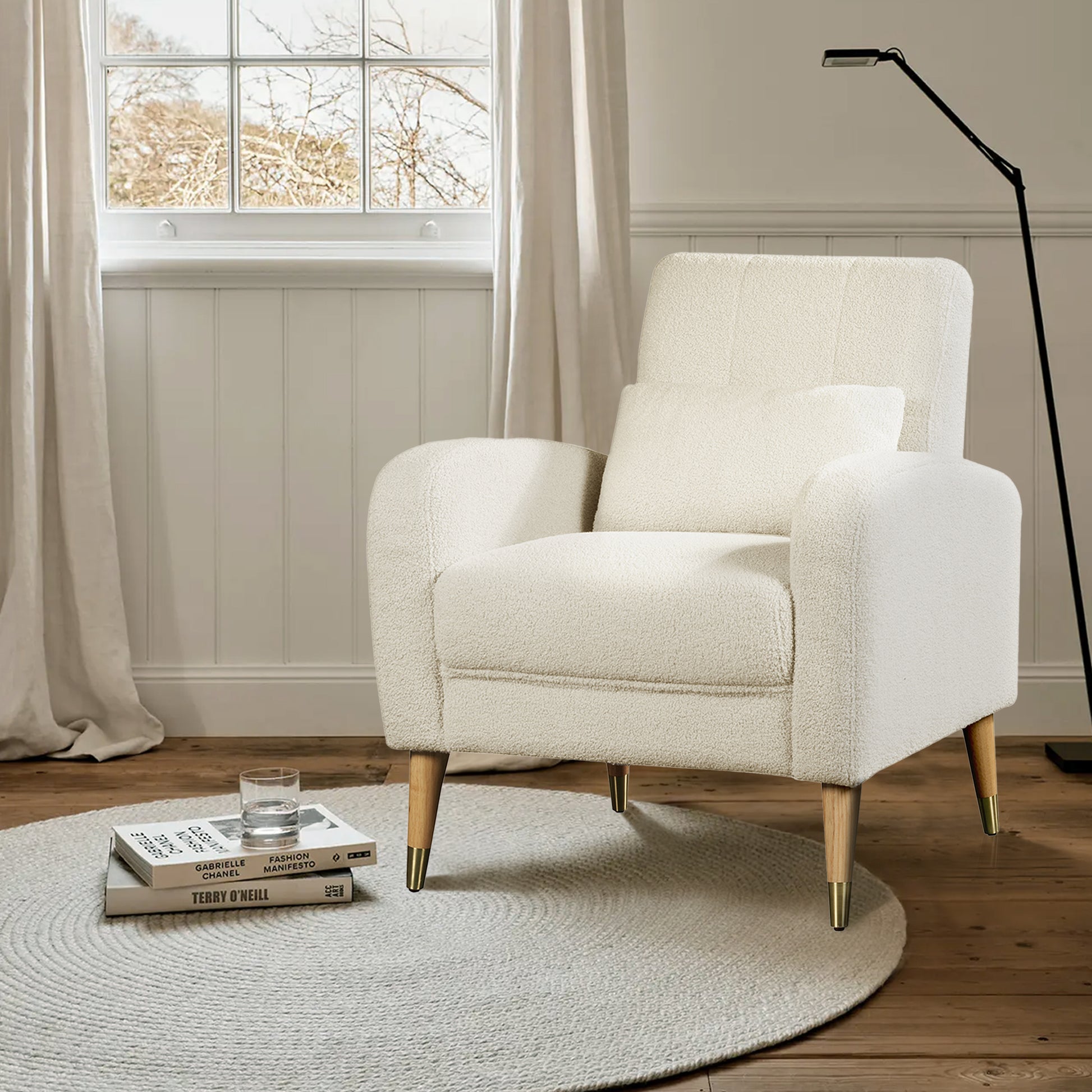 Mid Century Modern Accent Chair, Upholstered Armchair Living Room Chair, Comfy Single Sofa Chair With Metal Legs, Polyester Fabric Chair For Living Room Bedroom White Sherpa