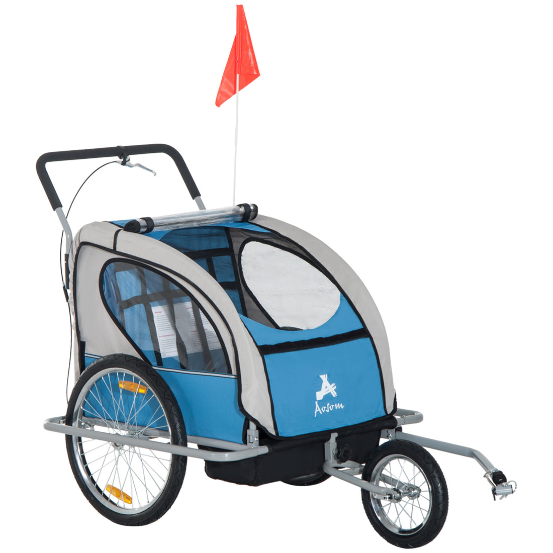 Aosom Elite Three Wheel Bike Trailer For Kids Bicycle Cart For Two Children With 2 Security Harnesses & Storage, Blue Blue Aluminum