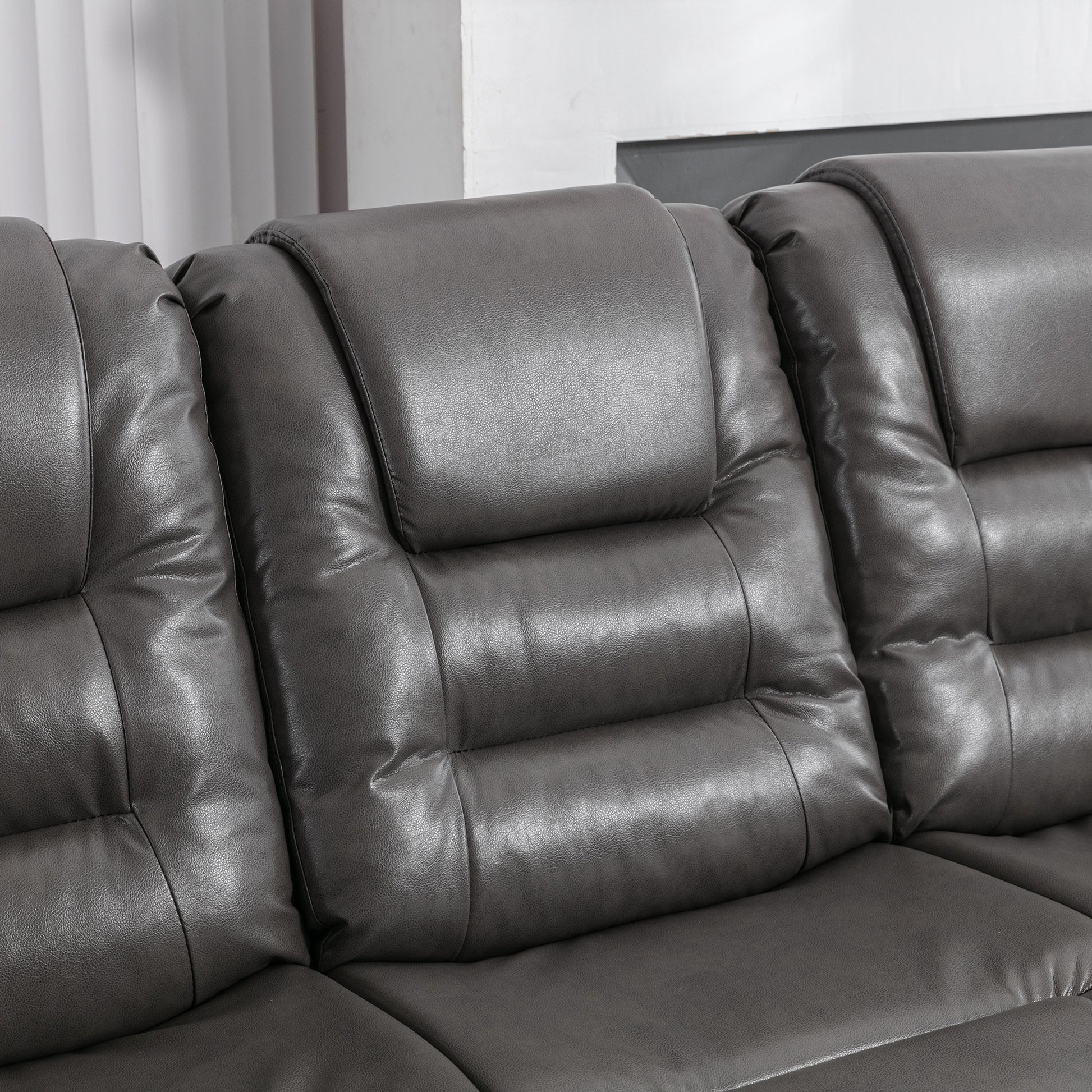 3 Seater Home Theater Recliner Manual Recliner Chair With Two Built In Cup Holders For Living Room,Bedroom, Grey Grey Foam Pu