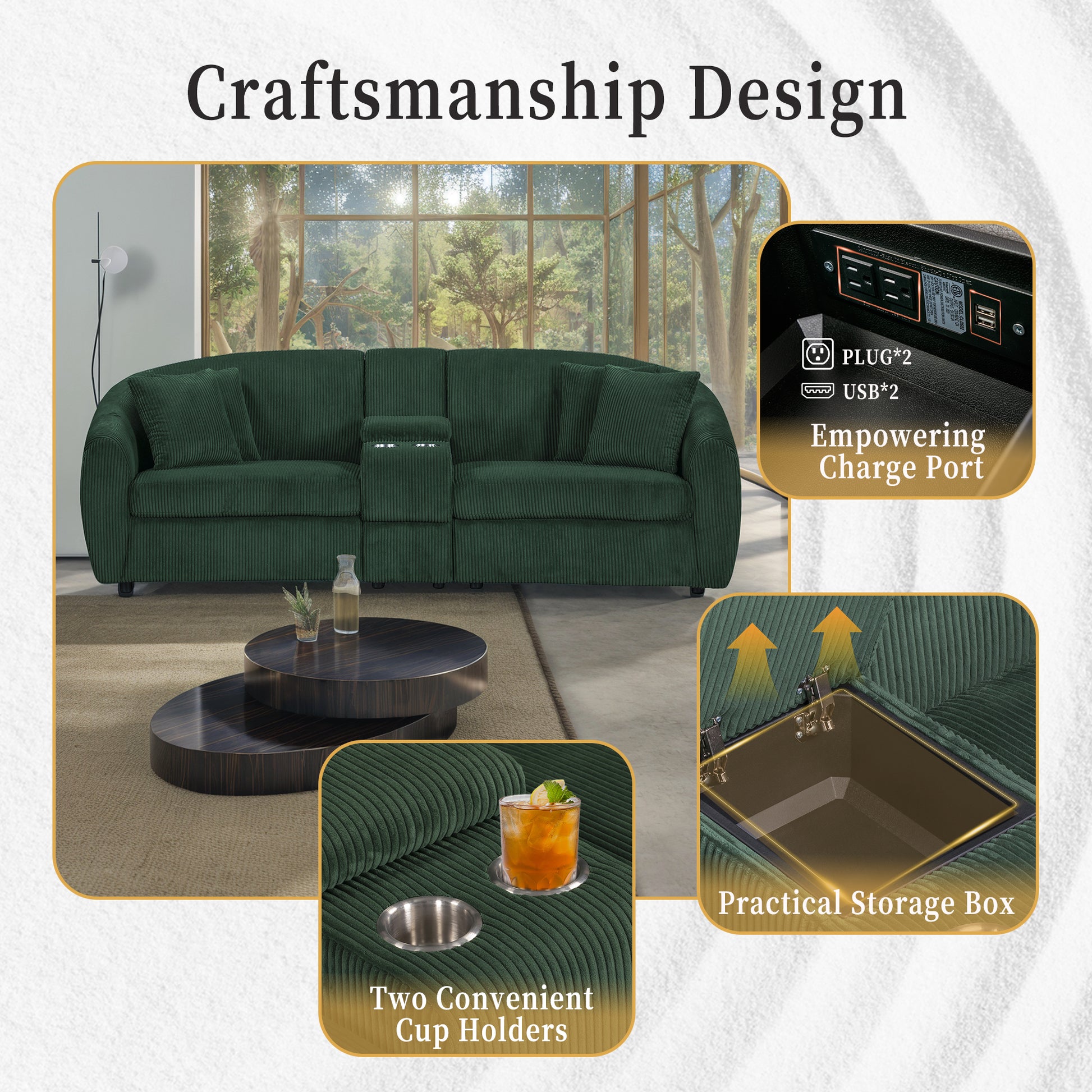 United We Win Corduroy Fabric, Two Cup Holders, Storage, Oversized Two Seat, Solid Wood Frame, High Quality Sponge Filling, Curved Placement Sofa Emerald Corduroy 2 Seat