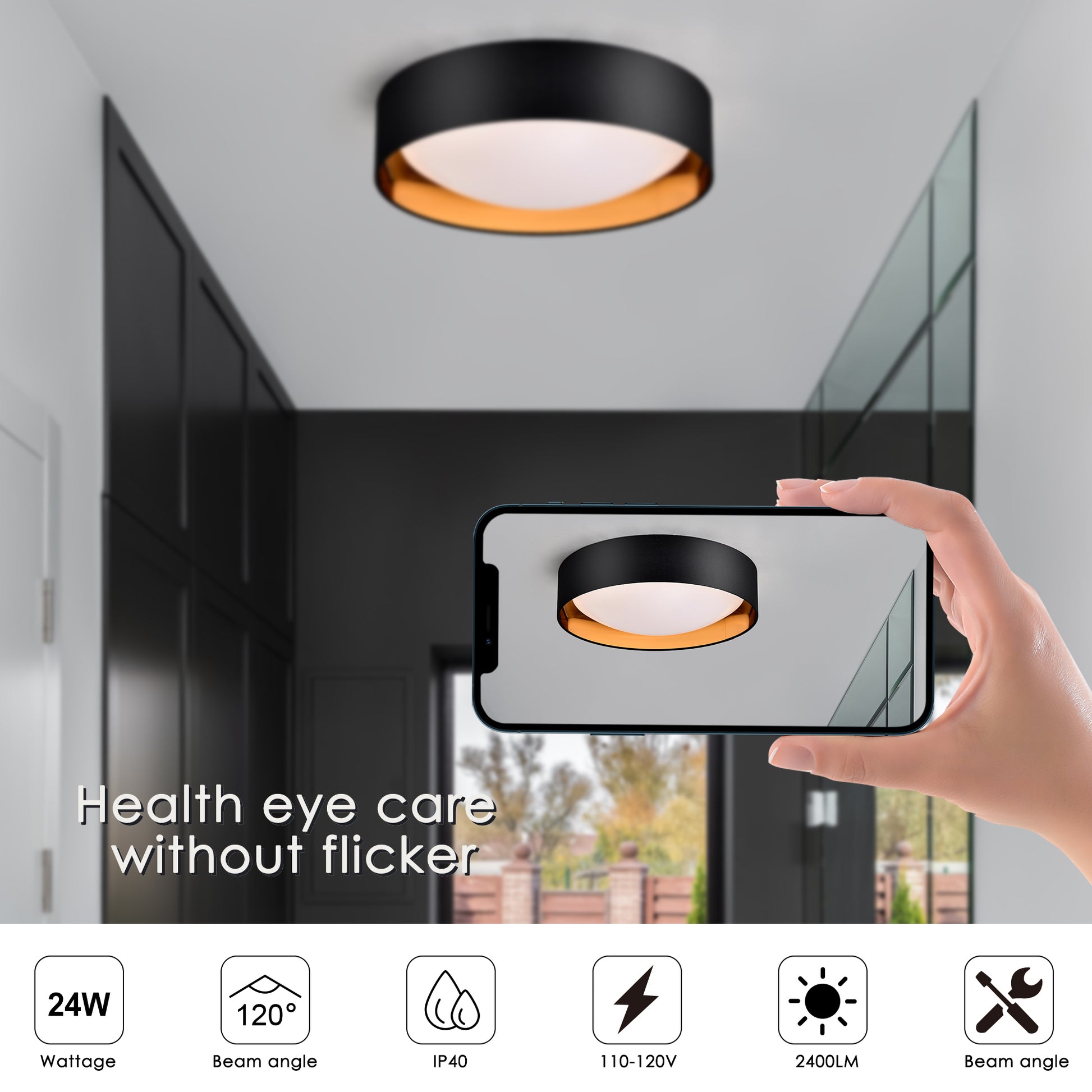 16.93Inch Flush Mount Ceiling Light 24W, 5 Cct Selectable 2700K 3000K 3500K 4000K 5000K Dimmable Ceiling Light Fixture, 2400Lumen Black Round Led Ceiling Light Flush Mount For Bedroom Black And Gold Black Fabric Acrylic