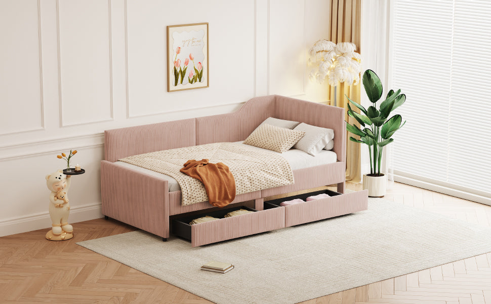 Twin Size L Shaped Corduroy Daybed,Upholstered Bed Frame With 2 Storage Drawers,Pink Twin Pink Wood Fabric