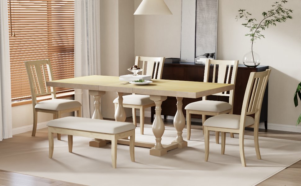 Traditional 6 Piece 78Inch Trestle Extendable Dining Table Set With One 18Inch Removable Leaf, Padded Dining Chairs And Bench,Natural Wood Dining Room Solid Wood Rubberwood Rectangular Dining Table With Chair And Bench Upholstered Chair Wood Natural Slat