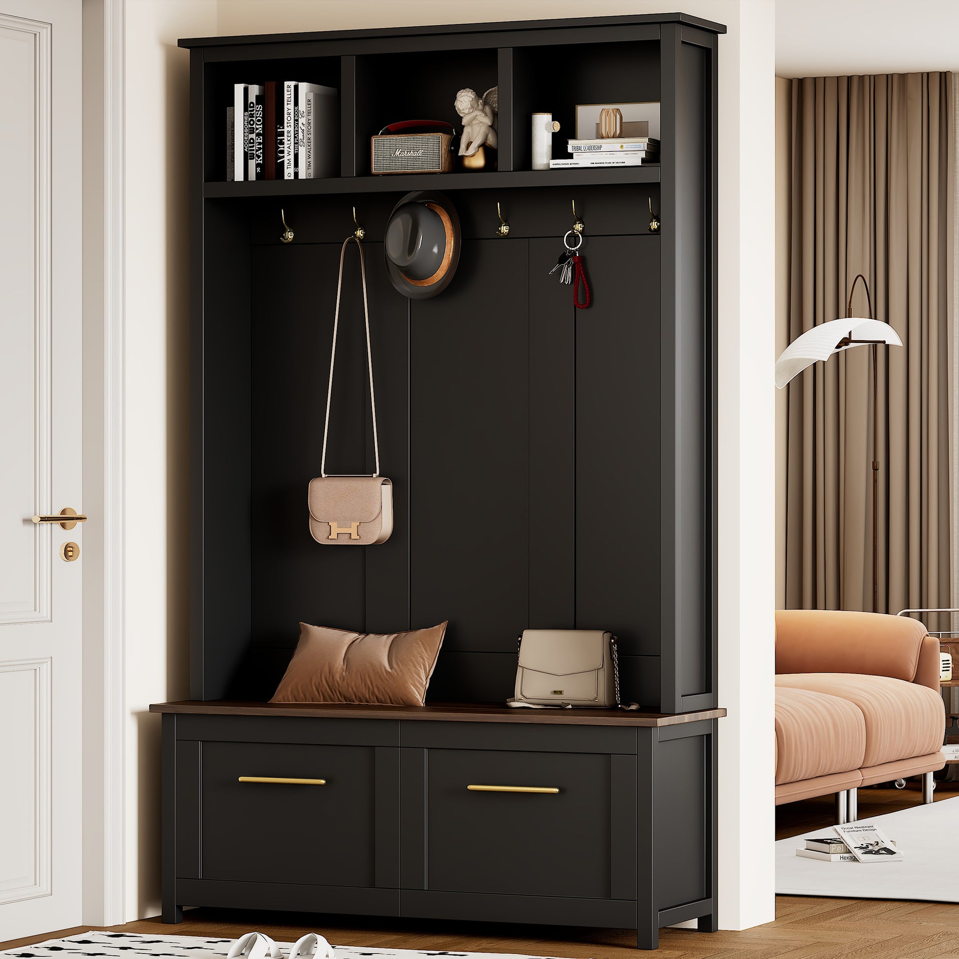 Versatile 4 In 1 Hall Tree With 6 Golden Hooks, Brown Wood Grain Bench With Multiple Storage Space, Entryway Coat Rack With 2 Drawers For Living Room, Hallway, Black, 47.2''W*76.6''H Black Primary