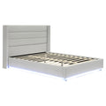 Queen Size Platform Bed With Led Light, Greige Box Spring Not Required Queen Greige Wood Fabric,Plywood,Upholstered