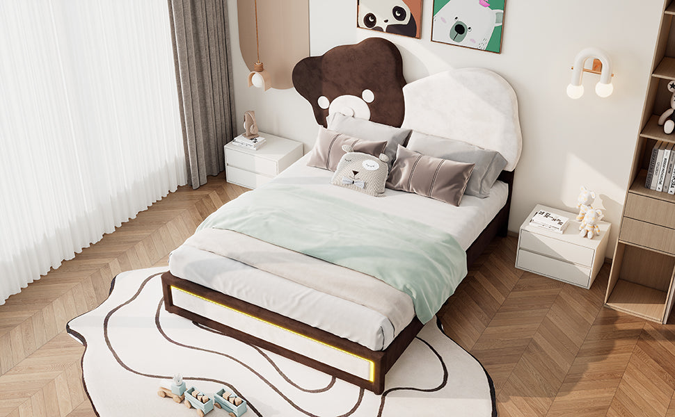 Full Size Upholstered Platform Bed With Bear Shaped Headboard, Led Light Strips, White Brown Box Spring Not Required Full Brown White Wood Bedroom Bed Frame Upholstered