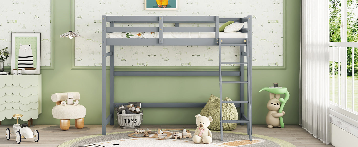 Twin Size High Loft Bed With Inclined Ladder, Guardrails,Grey Twin Grey American Design Pine