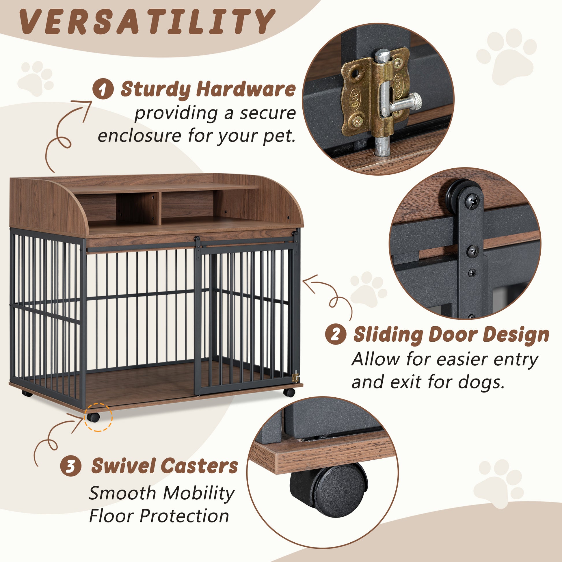 44'' Heavy Duty Large Dog Crate Furniture For Large Medium Dog With Lockable Wheels, Wooden Dog Crate Dog Kennel, End Table Crate With Double Layer Storage, Brown Brown Engineered Wood