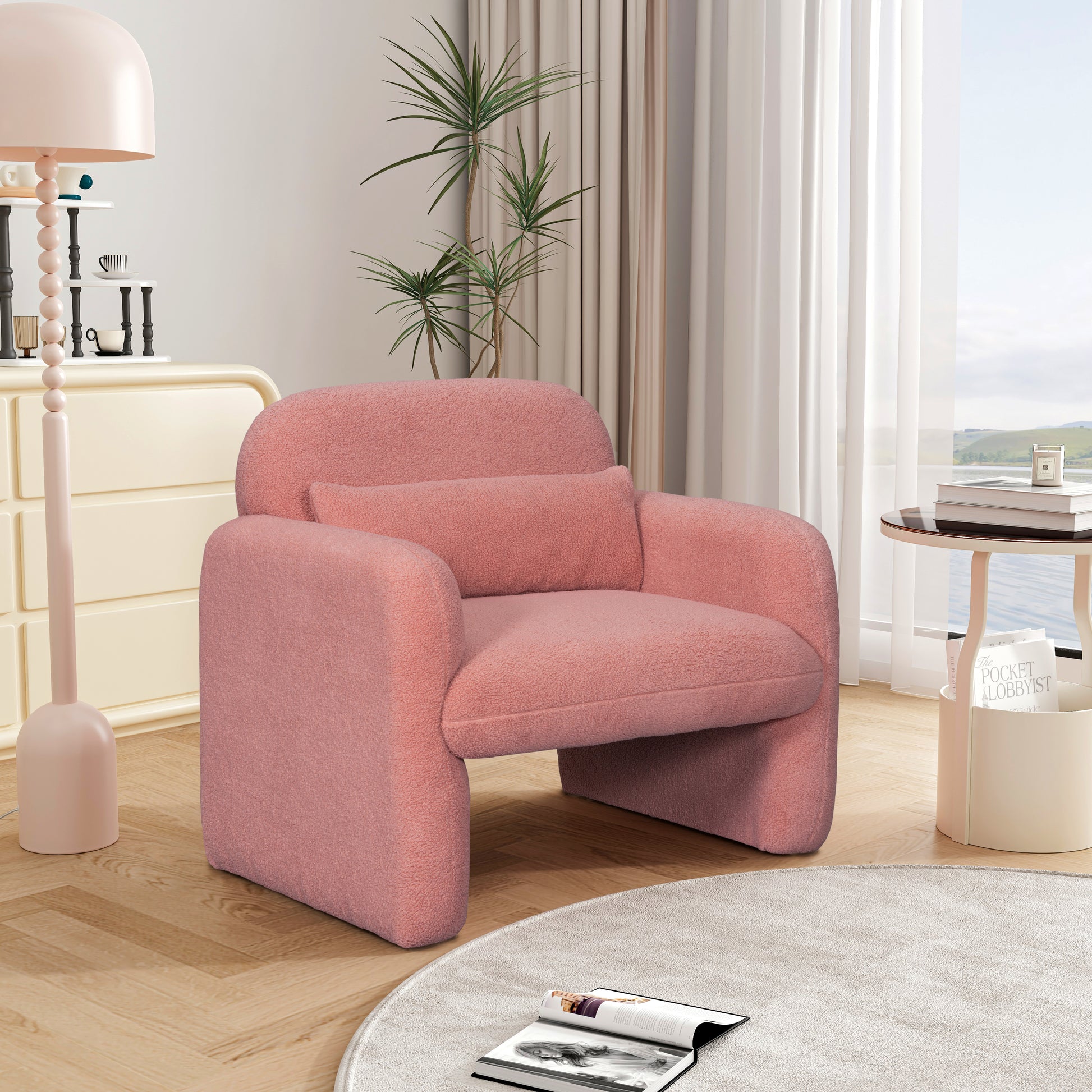 Stylish And Minimalist Teddy Fleece Single Sofa Chair With Arms And Pillow, Armchair, Accent Chair For Living Room, Bedroom, Study,Pink Pink Teddy