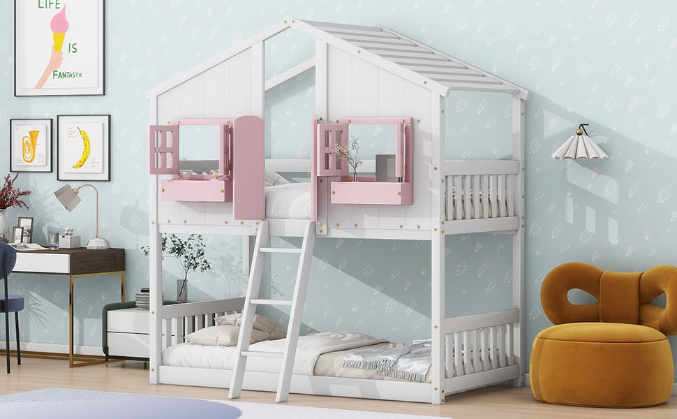 Twin Over Twin House Bunk Bed With Roofwindow, Window Box, Doorwith Safety Guardrails And Ladder, Pink White Twin Pink White Pine