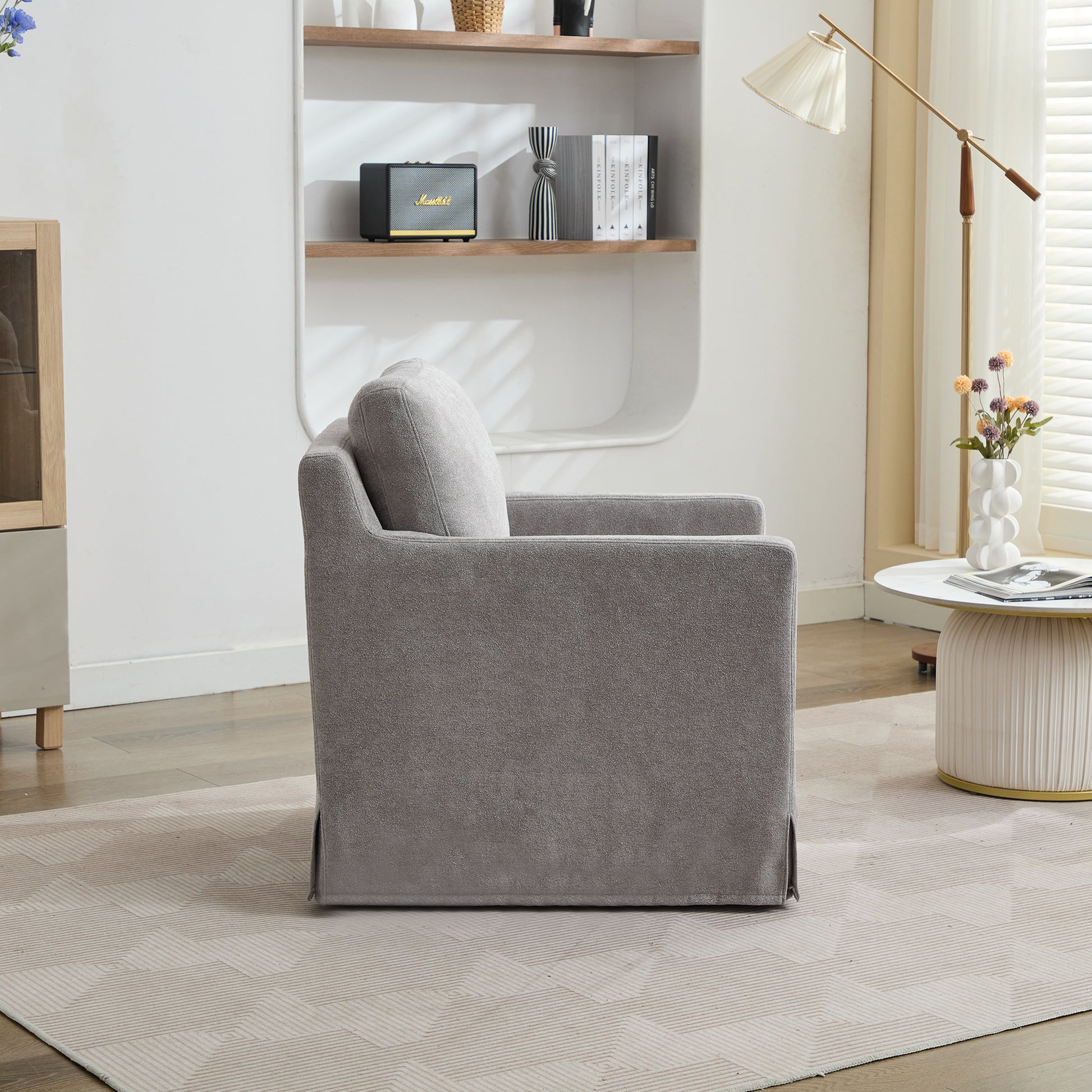 29.92'' Swivel Accent Chair, Upholstered Skirted Swivel Chair With Removable Back Cushion, 360 Degree Comfy Armchair For Living Room, Nursery, Lounge,Office,Gray Chenille Gray Chenille