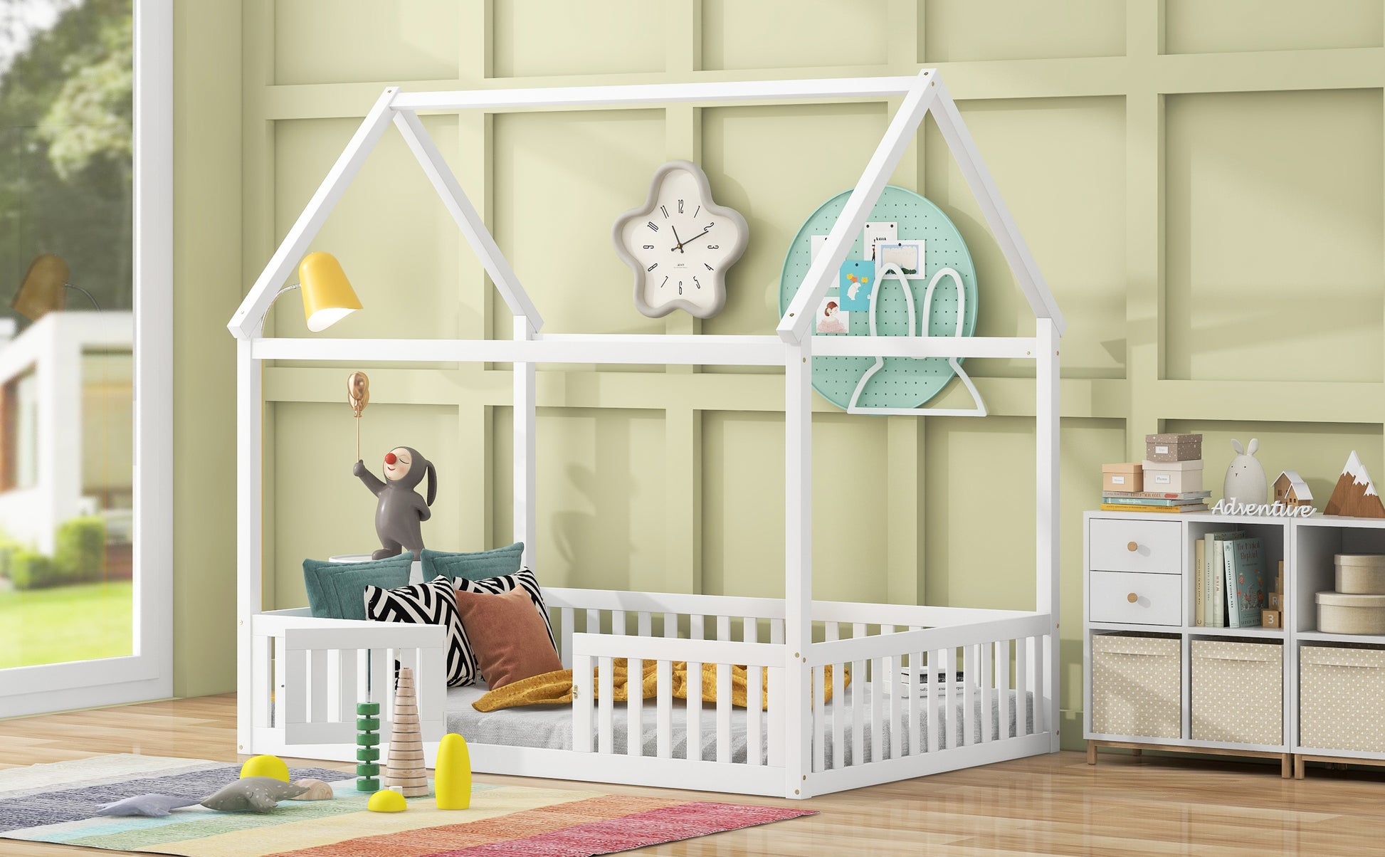 Full Size Wood House Bed With Fence And Door, White Old Sku: Wf303134Aak Box Spring Not Required Full White Wood Bedroom Bed Frame Pine