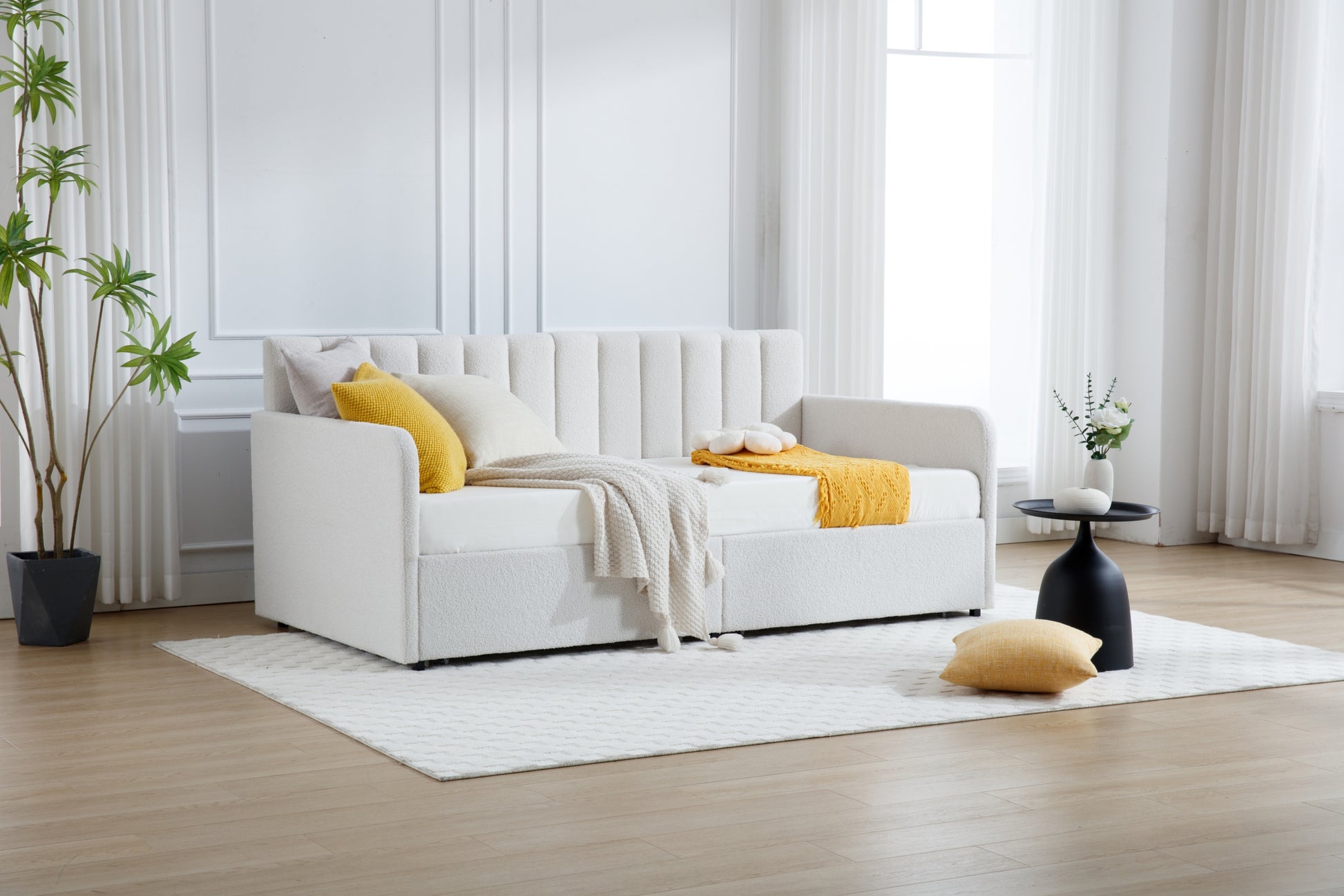 Flora Upholstered Daybed With 2 Drawers, Twin, Ivory Boucle, Ribbed Tufted Backrest, Daybed In Lavish Modern Design Box Spring Not Required Twin Ivory Metal Bedroom Classic,Contemporary,Minimalist,Traditional,Transitional Upholstered Upholstered