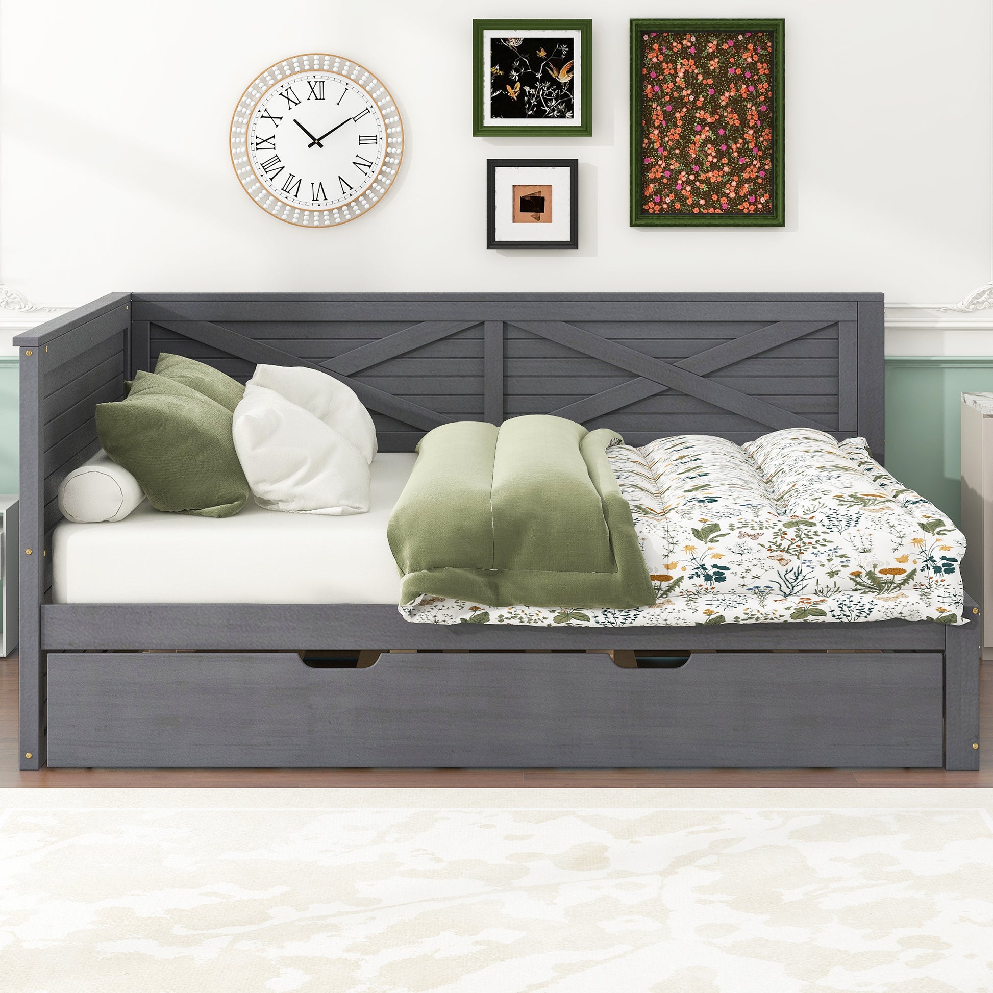 Twin Size Wood Daybed With Trundle And Rustic Guardrail, Ancient Grey Box Spring Not Required Twin Grey Wood Bedroom Solid Wood Mdf