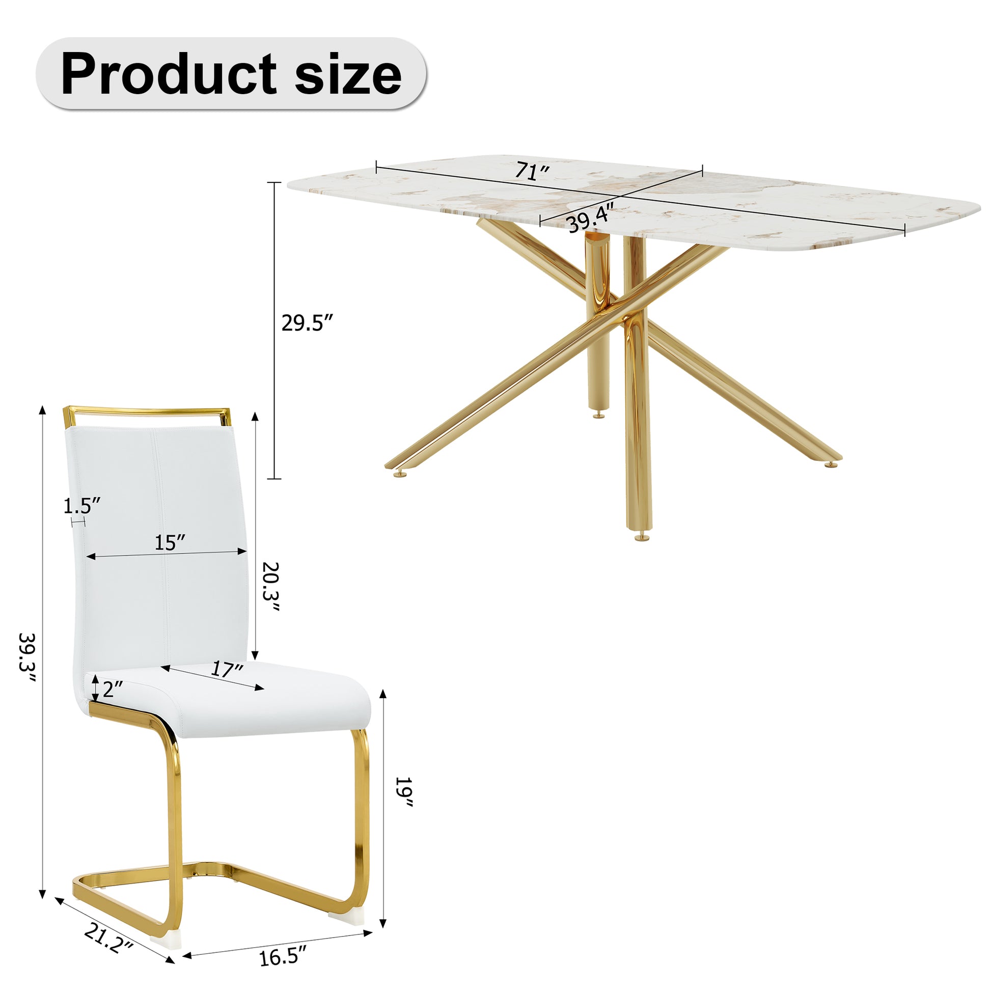 Table And Chair Set.Modern Luxurious Tempered Glass Dining Table Set With Gold Metal Legs And 6 Pu Chairs.White Marble Patterned Sticker Tabletop,White Chairs With Gold Metal Legs. White Gold Seats