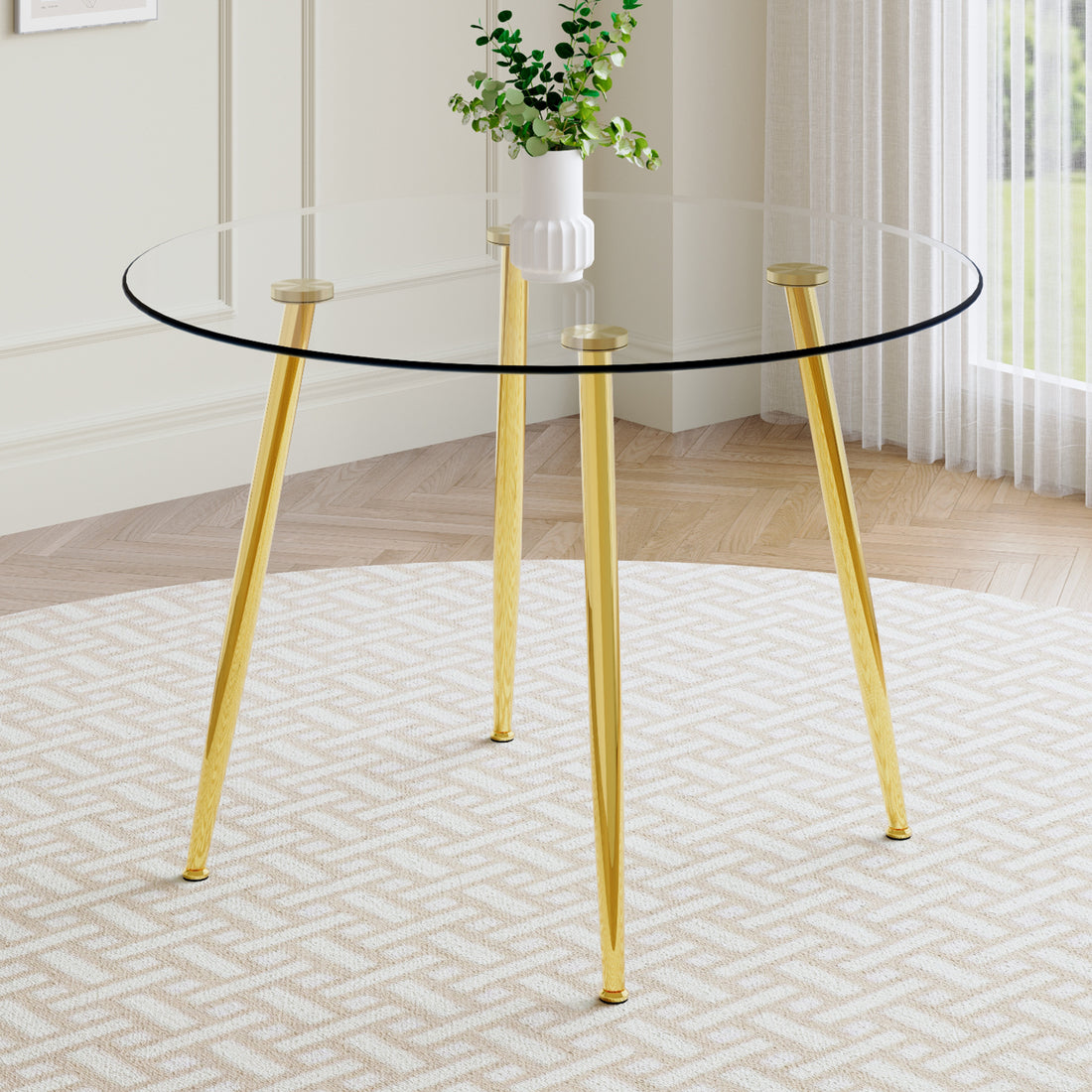 Round Dining Table With Glass Top, Gilded Metal Legs, Exquisite Living, Starting From The Details, The Gold Legs Show An Extraordinary Texture, Which Is The Finishing Touch To Your Home Transparent Glass Metal