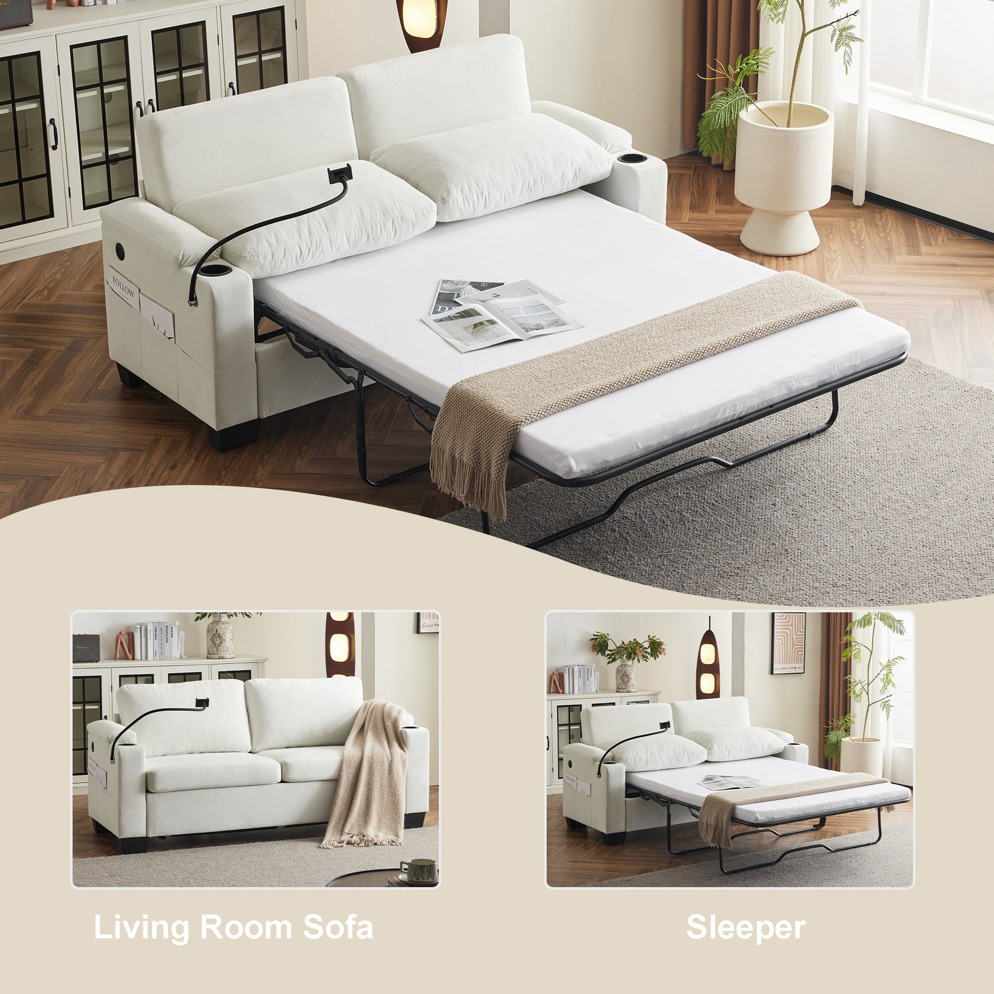 73.63*27.95 Pull Out Sofa Bed, Chenille Material, Pull Out Queen Sofa Bed With Memory Foam Mattress, For Living Room, Bedroom, Office, Apartment, White White Minimalist Chenille,Metal & Wood
