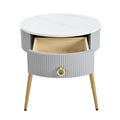 19.6'' Easy Assembly End Tables With High Gloss Faux Marble Tabletops, Set Of 2, Modern Fluted 2 Side Tables With Drawers, Round Coffee Tables With Golden Legs For Living Room, Grey Grey Gold Primary Living Space Drawers Round Mdf Iron