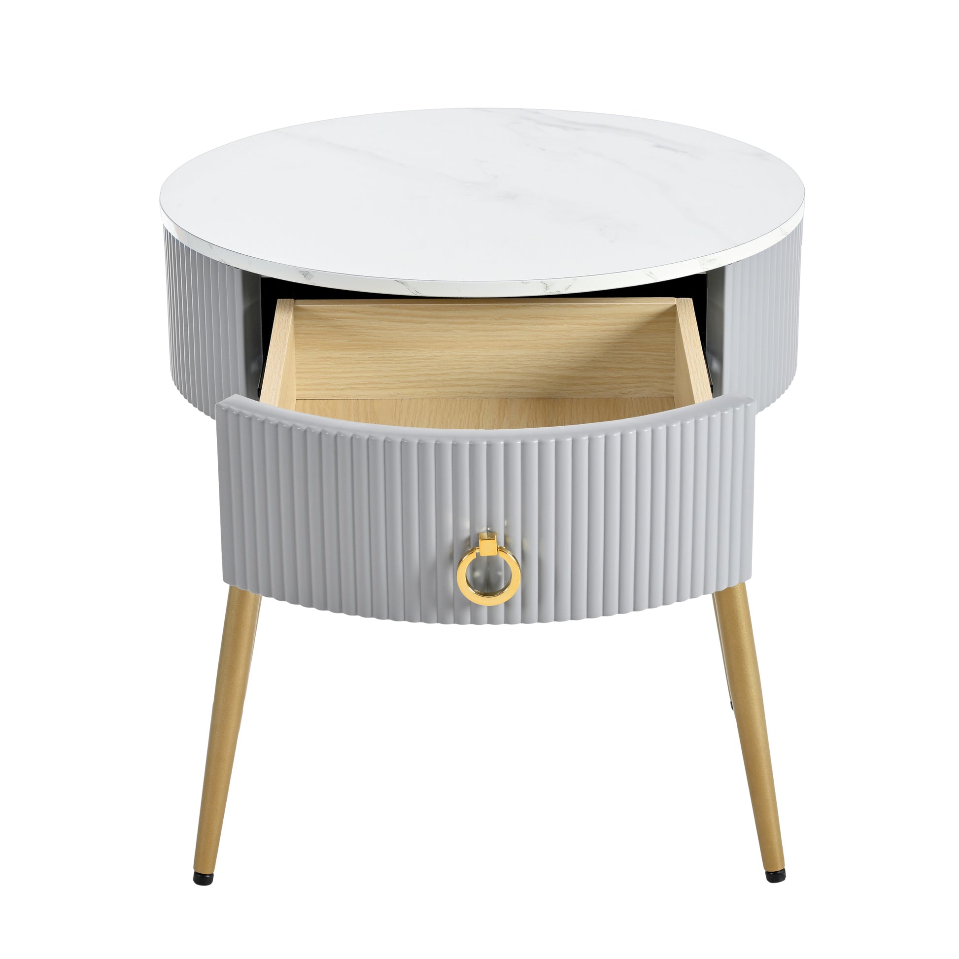19.6'' Easy Assembly End Tables With High Gloss Faux Marble Tabletops, Set Of 2, Modern Fluted 2 Side Tables With Drawers, Round Coffee Tables With Golden Legs For Living Room, Grey Grey Gold Primary Living Space Drawers Round Mdf Iron