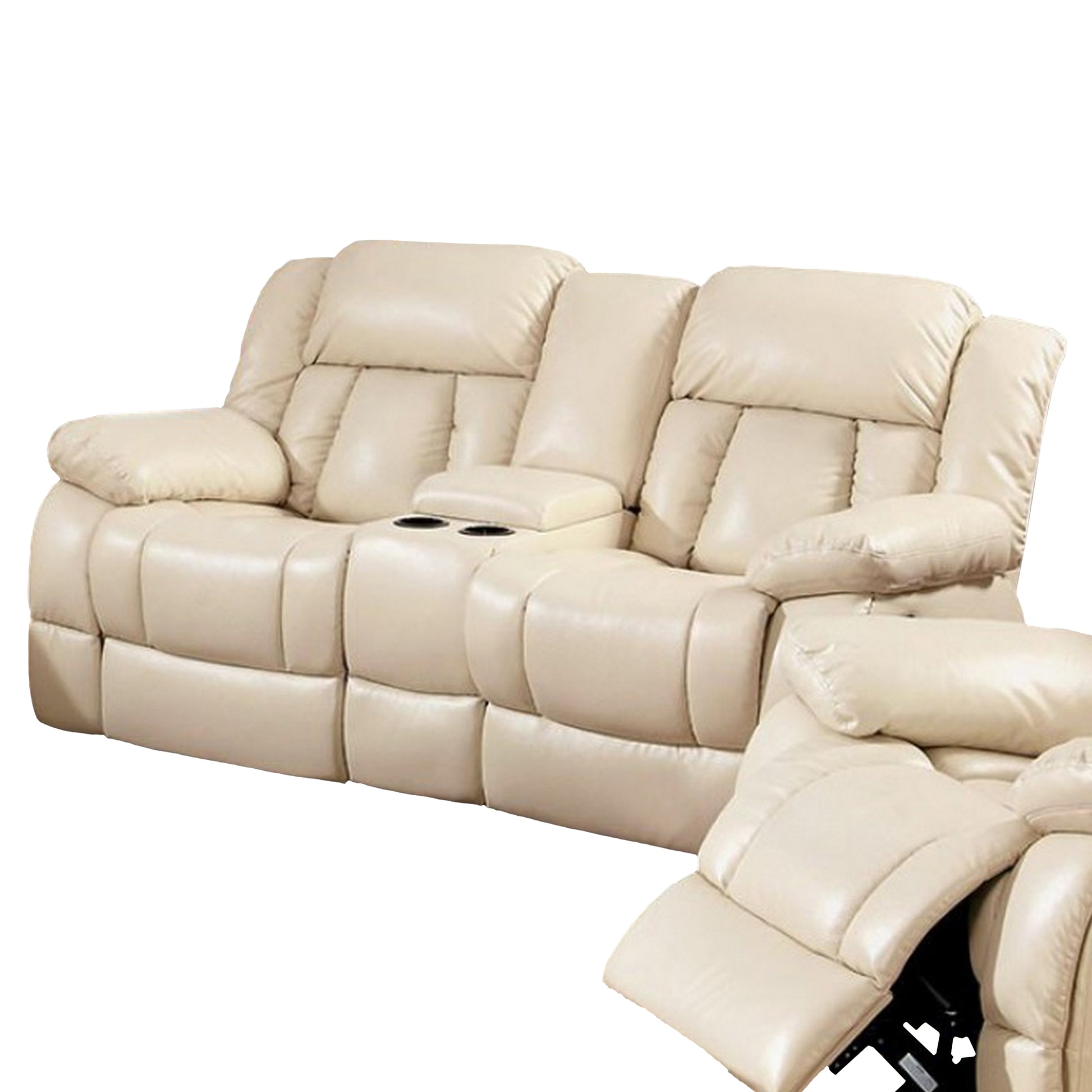 Upholstered Transitional Beautiful Seat With Cup Holders, Ivory Cream Cream Wood 2 Seat