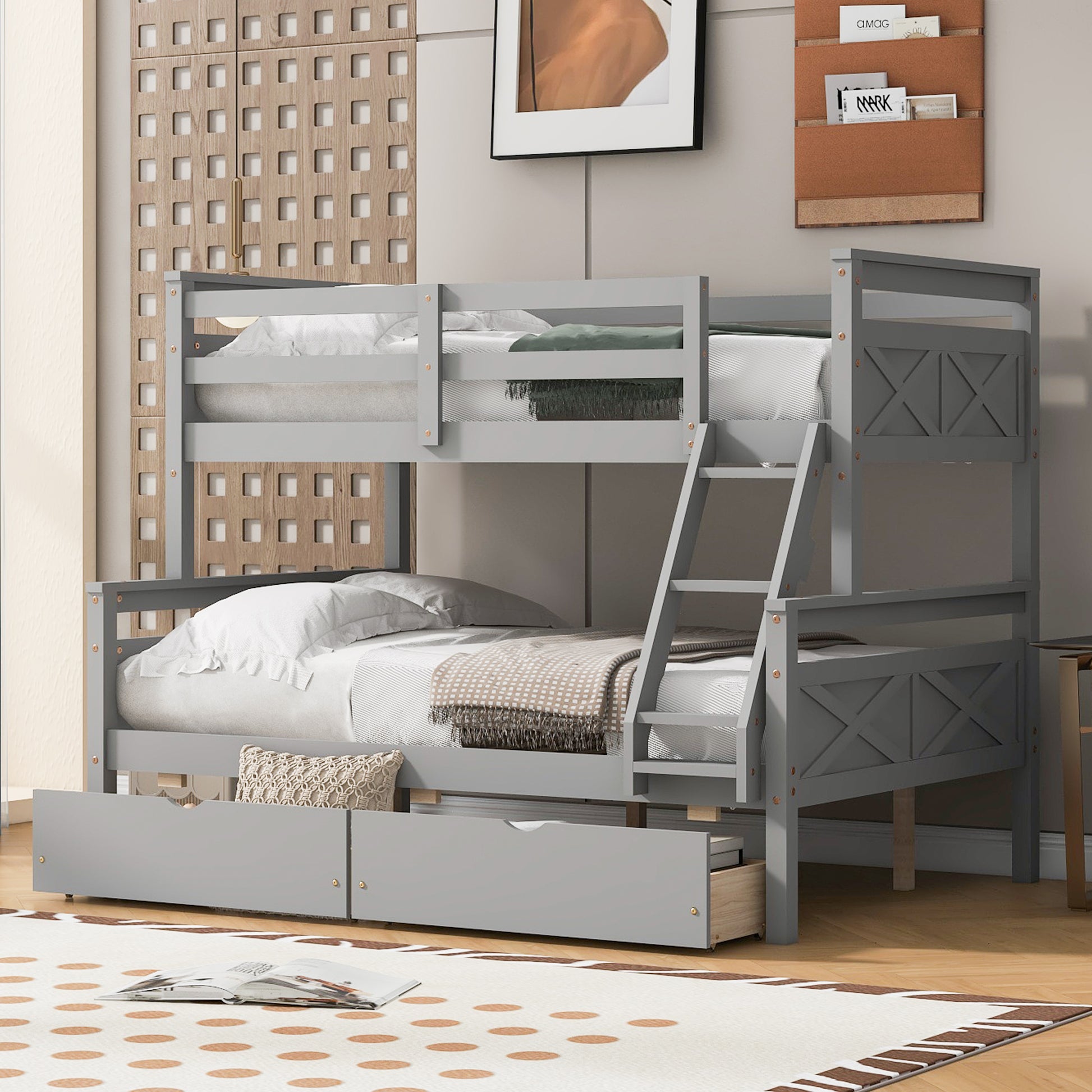 Twin Over Full Bunk Bed With Ladder, Two Storage Drawers, Safety Guardrail, Gray Box Spring Not Required Twin Gray Wood Bedroom Bunk Pine