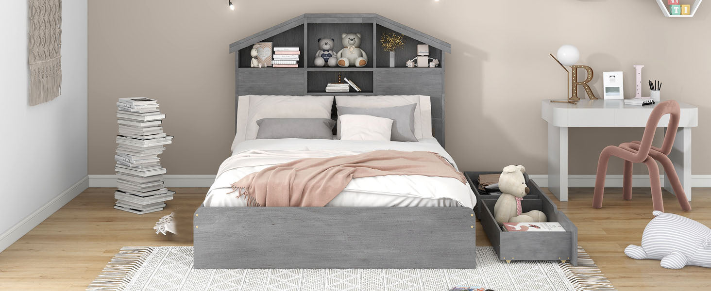 Full Size Wood Platform Bed With House Shaped Storage Headboard And 2 Drawers, Gray Box Spring Not Required Full Gray Wood Bedroom Solid Wood Mdf