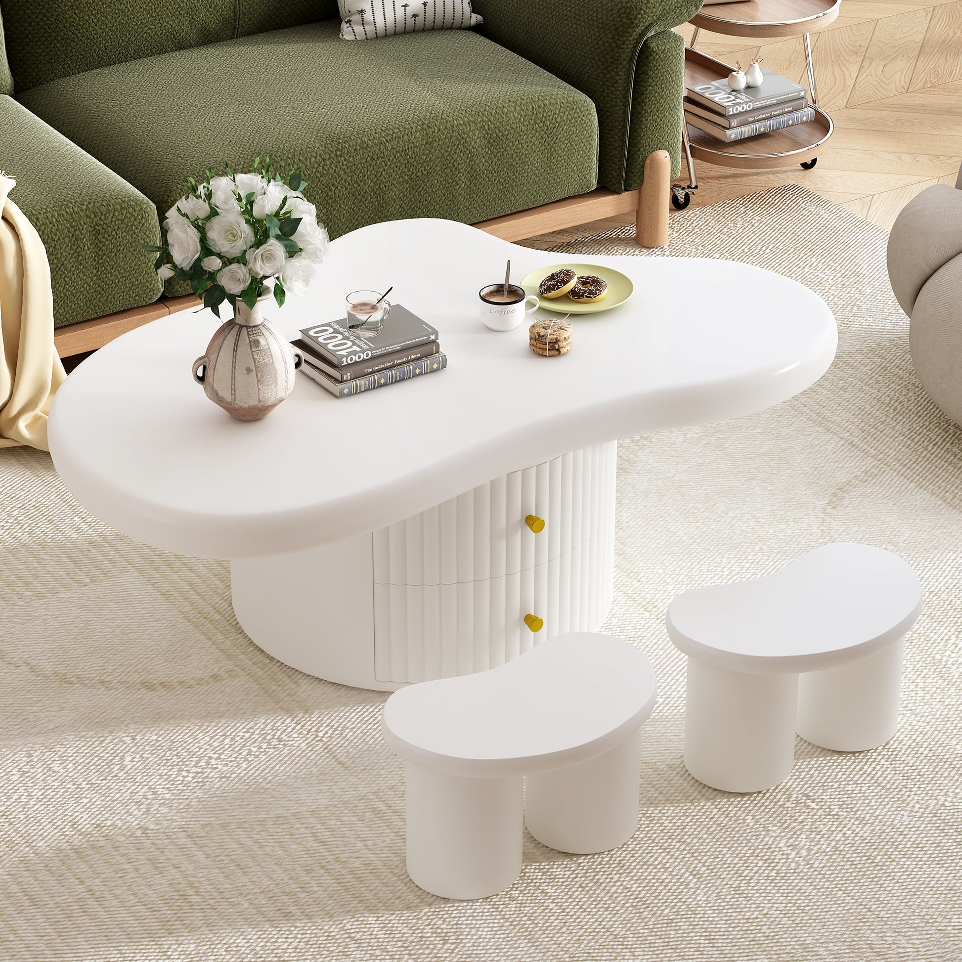 Cloud Coffee Table Set Of 3, Irregular Shape Coffee Table With 2 Drawers, 2 Small Stools For Living Room White Mdf