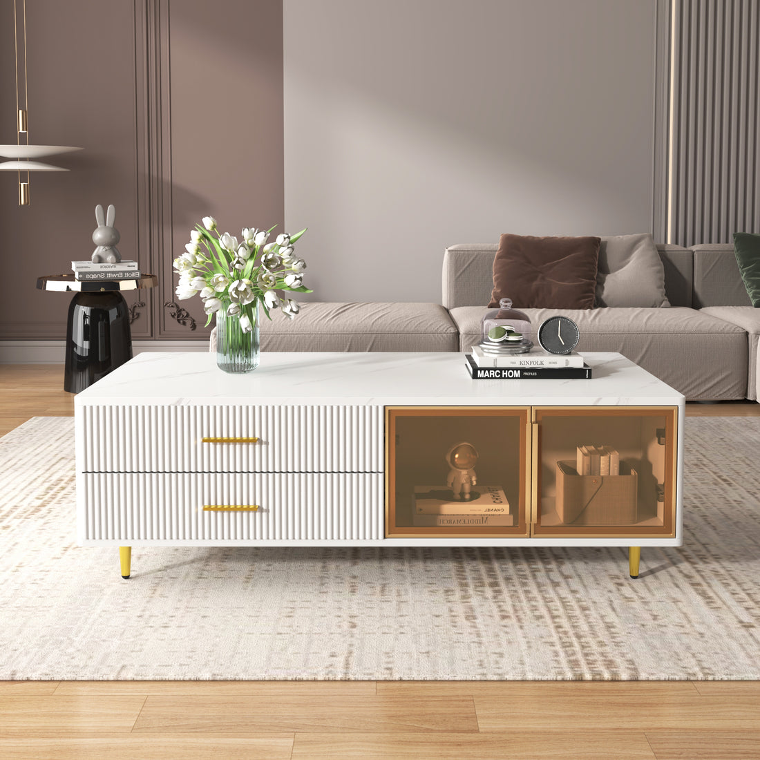 Modern White Coffee Table With 2 Glass Door Storage, 4 Drawers, Gold Metal Legs, And Multi Color Lighting In 47.2'' White Drawers Mdf