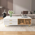 Modern White Coffee Table With 2 Glass Door Storage, 4 Drawers, Gold Metal Legs, And Multi Color Lighting In 47.2'' White Drawers Mdf