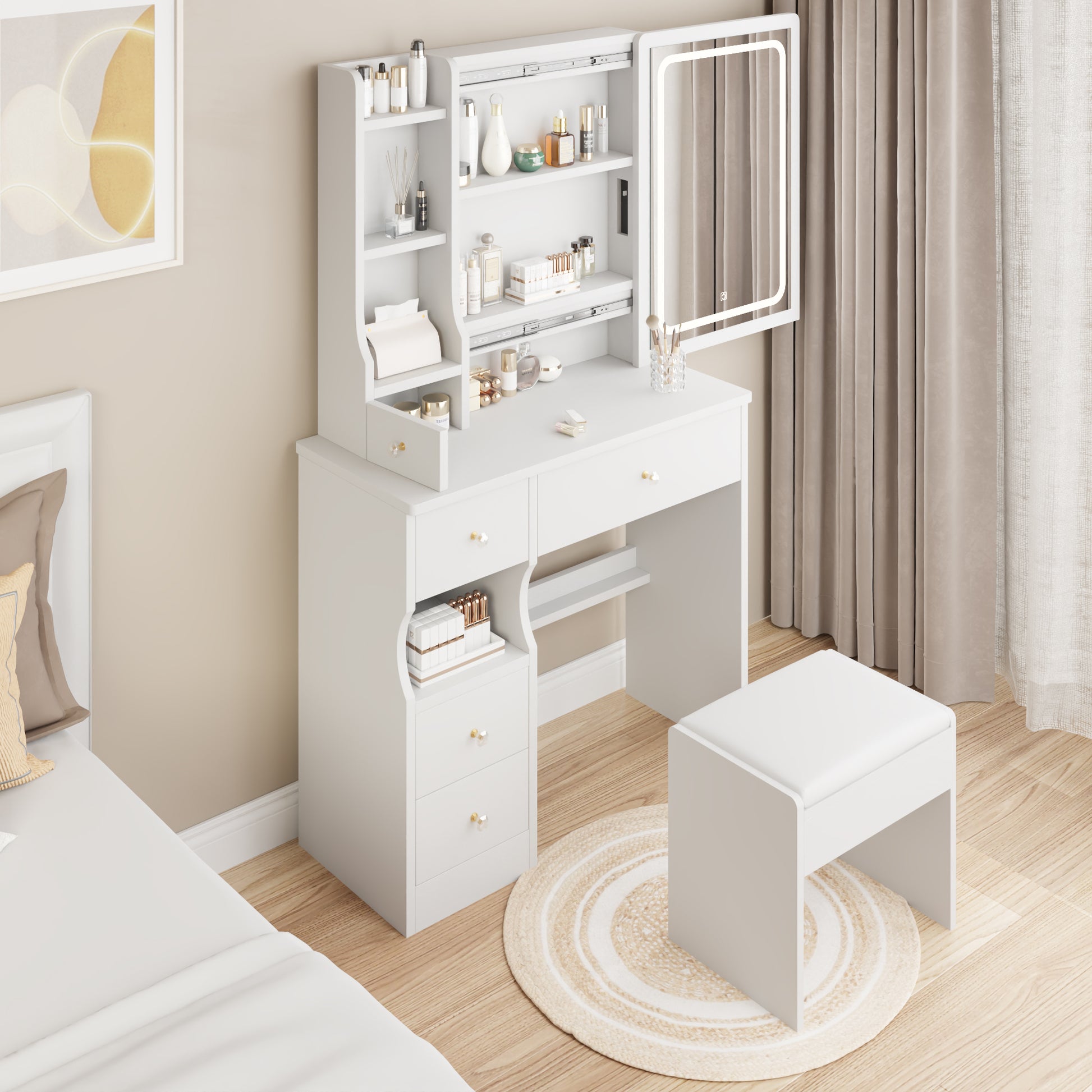 Small Space Left Drawer Desktop Vanity Table Cushioned Stool, Extra Large Touch Control Sliding Led Mirror, Tri Color Switching, Brightness Adjustable, Suitable For Girls No More Than 5.6Ft Tall White Mdf