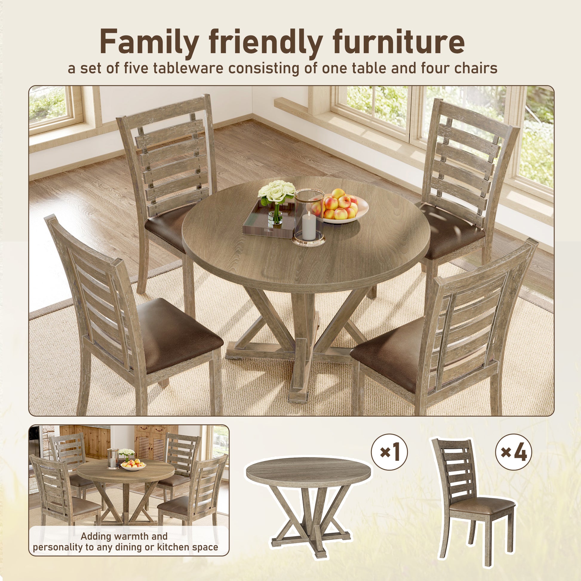 Modern Farmhouse Round Dining Table 45.7Inch Solid Wood Rubberwood Antique Finishing Rustic Look Distressed Look Wire Brushed For 4 Seaters Grayish Brown Light Brown Distressed Finish Dining Room Antique,Farmhouse,French Country,Rustic,Vintage Rubberwood
