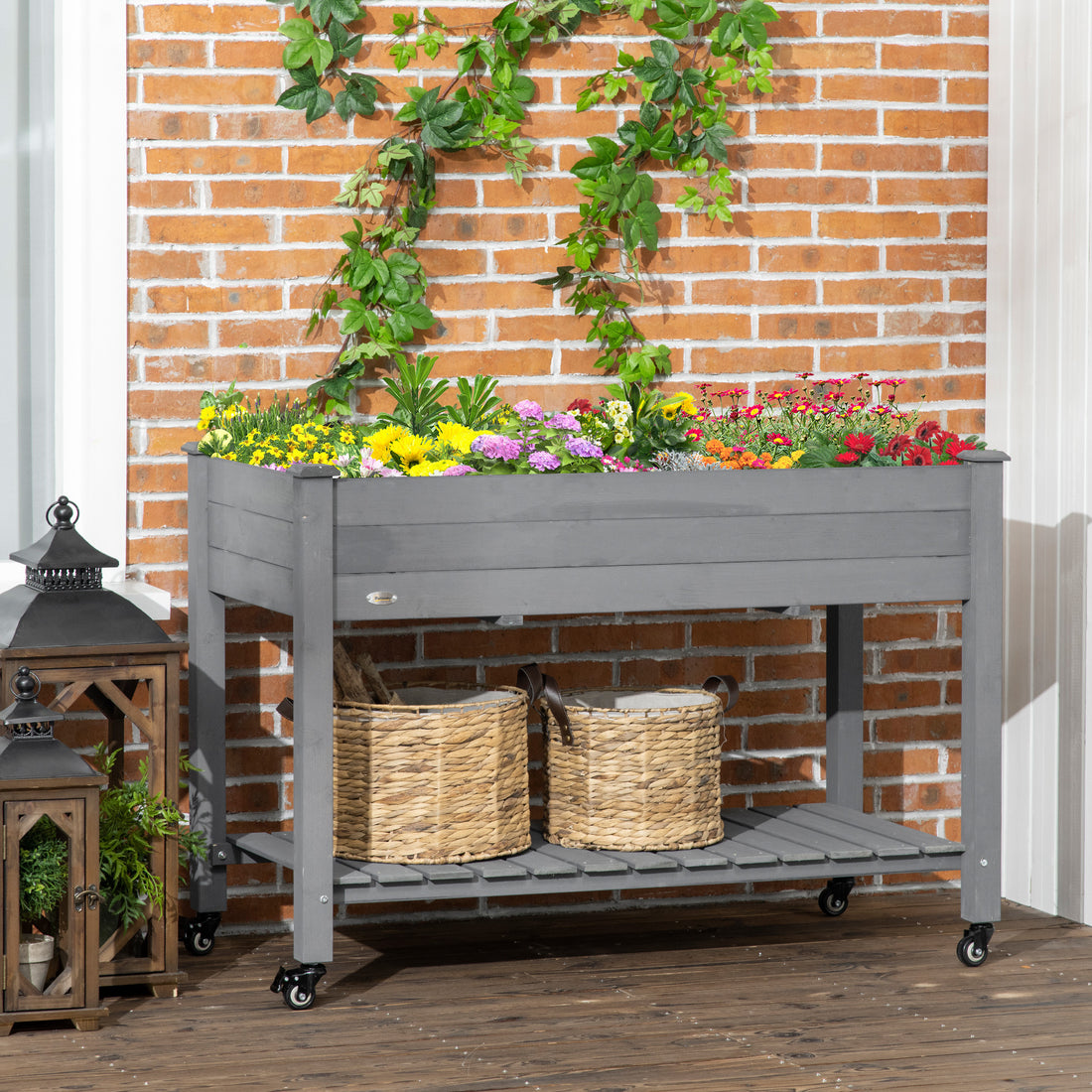 Outsunny Raised Garden Bed, 47" X 22" X 33", Elevated Wooden Planter Box With Lockable Wheels, Storage Shelf, And Bed Liner For Backyard, Patio, Dark Gray Gray Wood