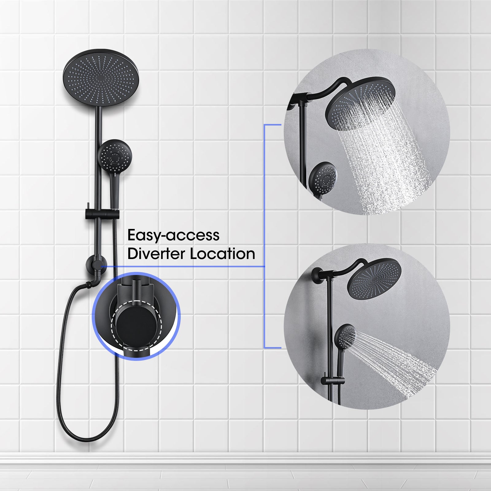 Matte Black 5 Spray Mode 10" Overhead And Handheld Shower System With Slide Bar Matte Black Stainless Steel