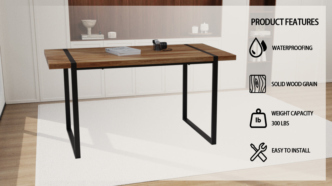 59 "Rural Industrial Rectangular Mdf Natural Wood Dining Table, 4 6 People, 1.5" Thick Engineering Wood Tabletop And Black Rectangular Metal Legs, Used For Writing Desks, Kitchens, Terraces Wood Kitchen Mdf
