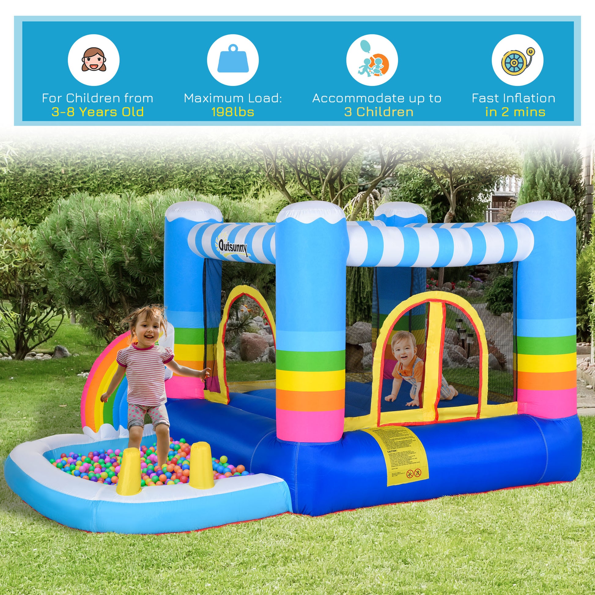 Outsunny Inflatable Bounce House For Kids 2 In 1 Jumping Castle For Indoor Outdoor Party With Trampoline, Pool, Carry Bag & Air Blower Multi Oxford Fabric