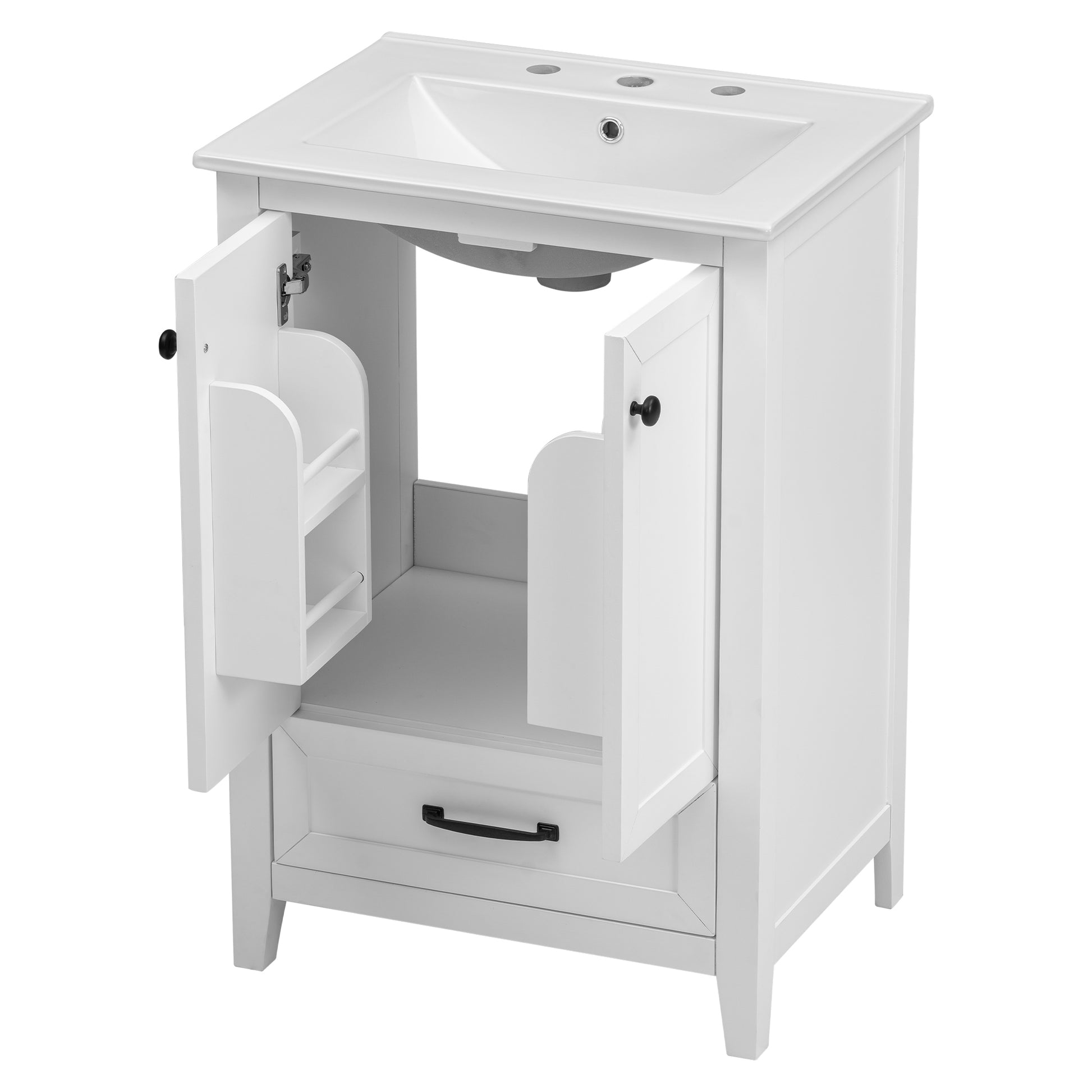 24" Bathroom Vanity With Sink, Bathroom Vanity Cabinet With One Drawer And Doors, Solid Wood And Mdf, White White Solid Wood Mdf