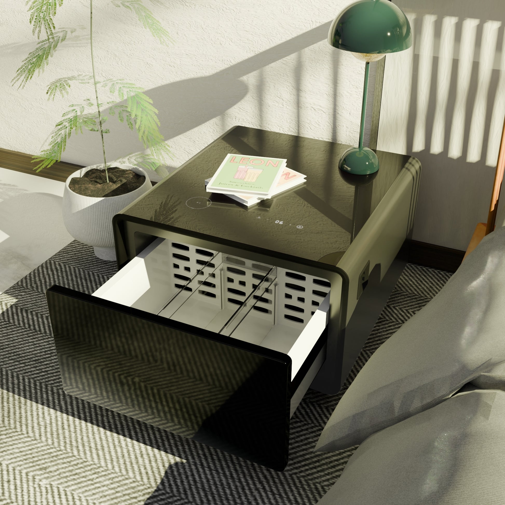 Modern Smart Side Table With Built In Fridge, Wireless Charging, Temperature Control, Power Socket, Usb Ports, Outlet Protection, Induction Light, Black Black Built In Outlets Or Usb Standing Desk Converter Primary Living Space Luxury,Modern Freestanding