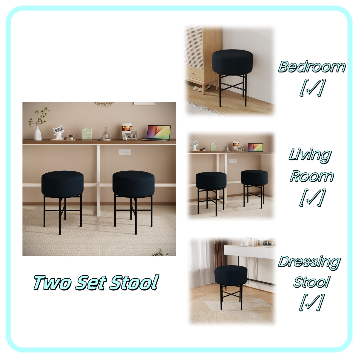 2 Pcs Round Cushioned Vanity Stool, Linen Upholstered Vanity Stool For Makeup Room, Modern Soft Stool For Bar And Dining, Ottoman Footrest Stool With Metal Legs For Living Room, Bedroom Black Black Vanity Stools Bedroom Round Minimalist,Modern Stackable