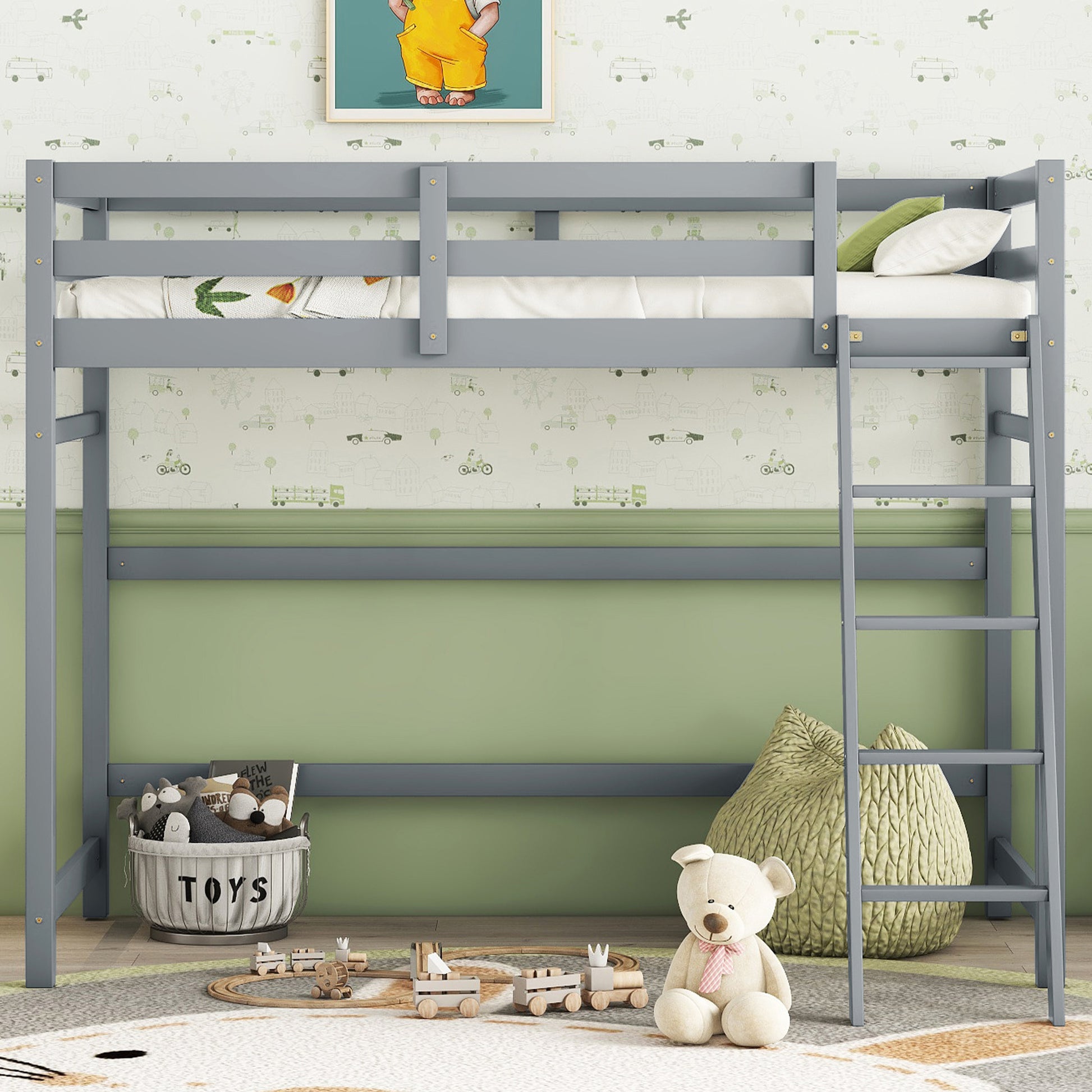 Twin Size High Loft Bed With Inclined Ladder, Guardrails,Grey Twin Grey American Design Pine