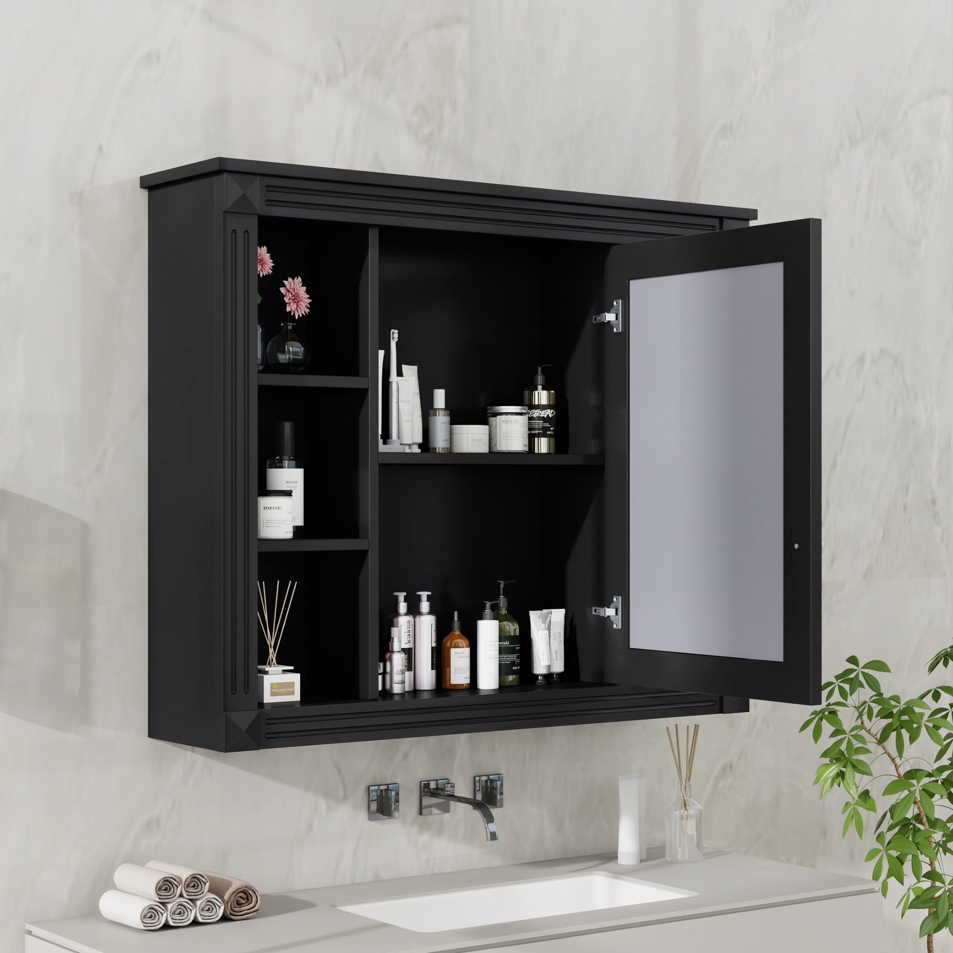 35'' X 28'' Wall Mounted Bathroom Storage Cabinet, Medicine Cabinet, Modern Bathroom Wall Cabinet With Mirror, Mirror Cabinet With 6 Open Shelves Not Include Bathroom Vanity Black 1 Mirror Included