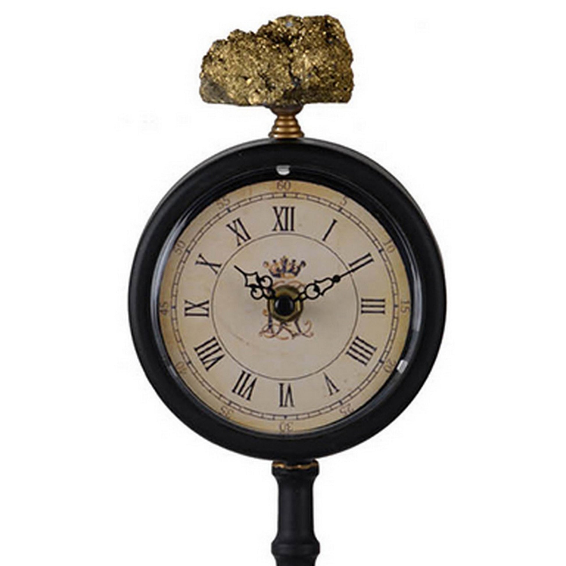 16 Inch Decorative Table Clock, Pedestal Stand, Black Metal, Stone Accent Black Gold Metal