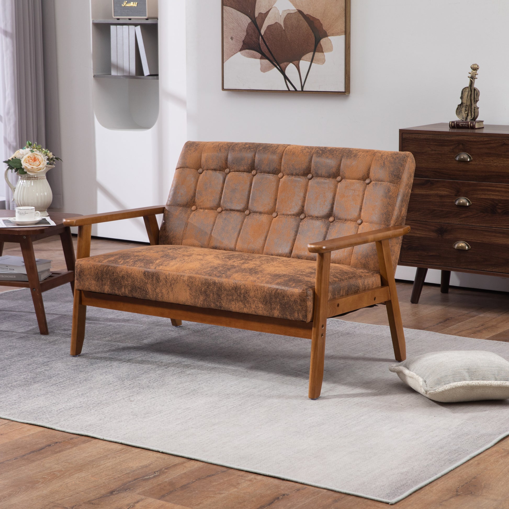 Coolmore Mid Century Modern Solid Loveseat Sofa Upholstered Microsuede Fabric Loveseat, 2 Seat Upholstered Loveseat Sofa Modern Couch Coffee Microsuede 2 Seat