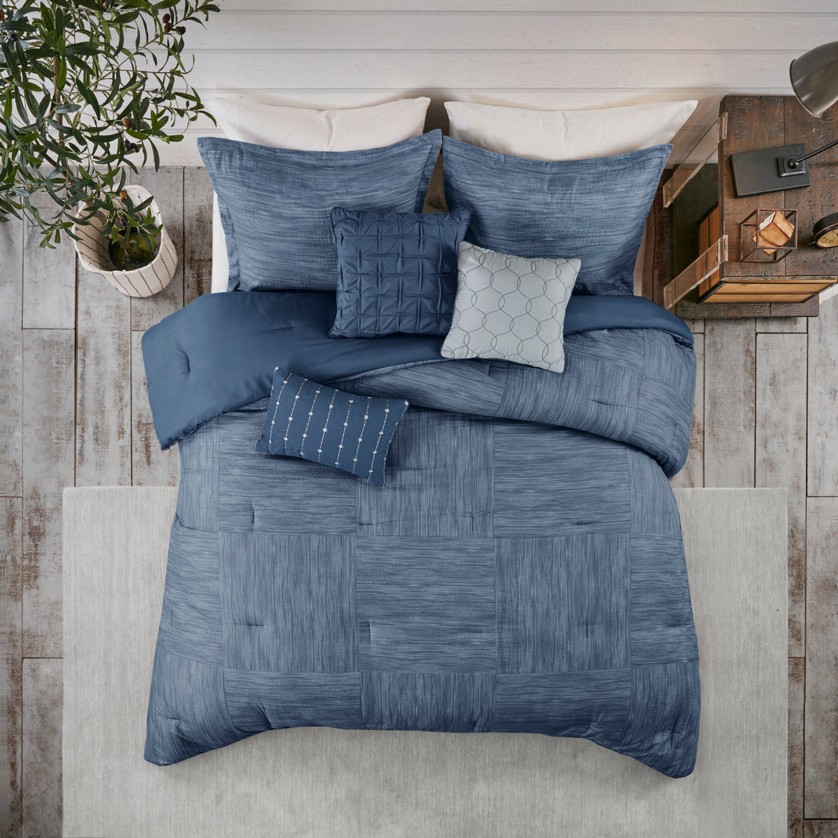 7 Piece Printed Seersucker Comforter Set Navy Cal King California King Navy Microfiber