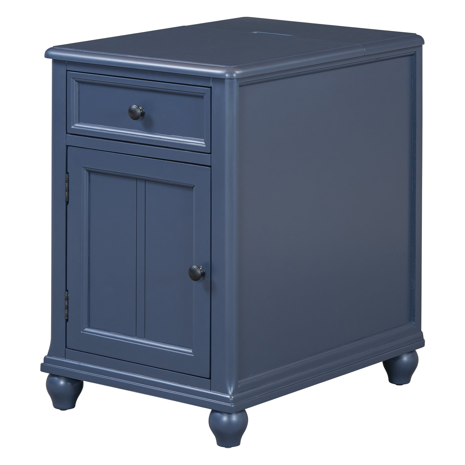 End Table With Solid Wood Legs, Side Table With Usb Ports, 1 Storage Cabinet And 1 Drawer For Living Room, Antique Navy Antique Navy Solid Wood Mdf