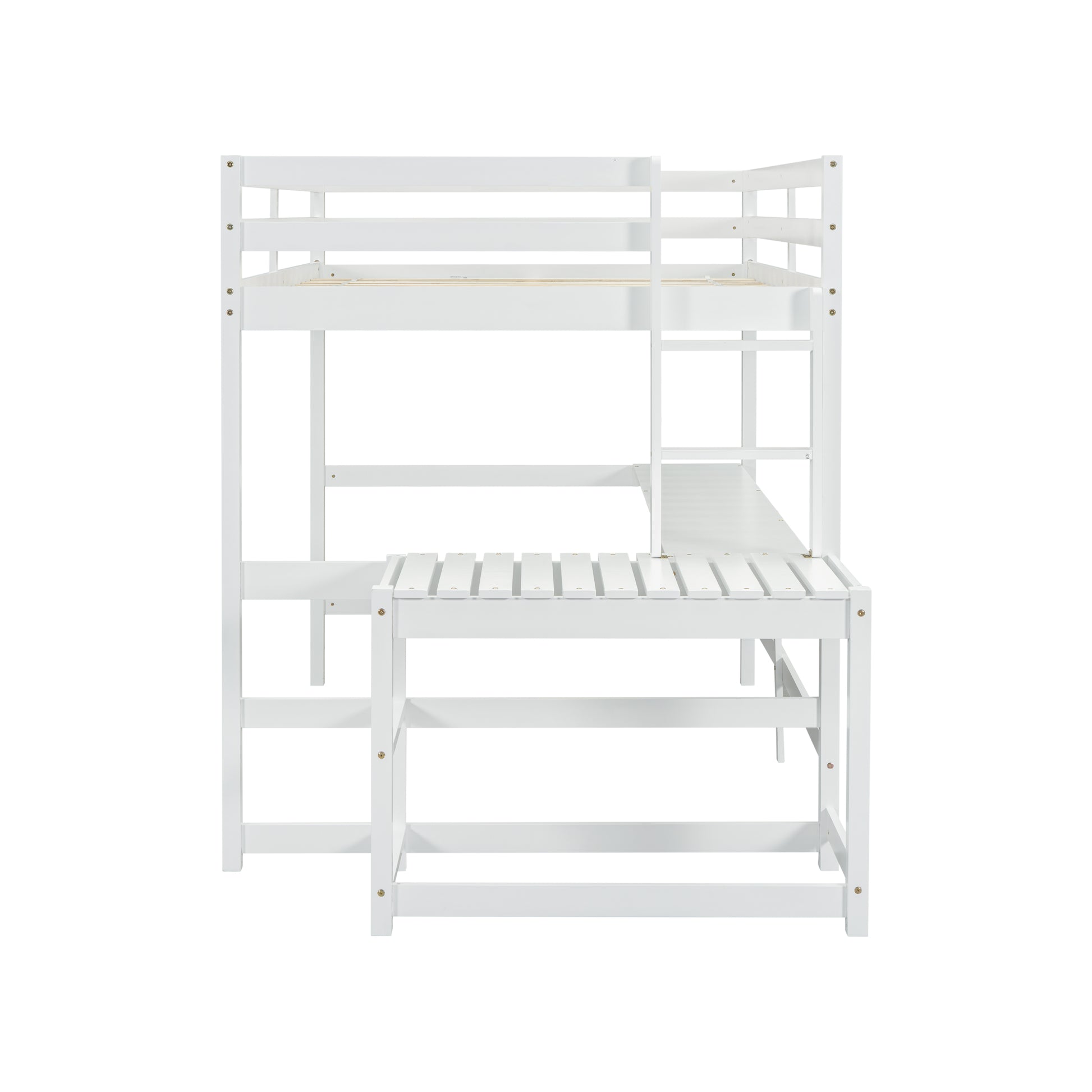 Full Loft Bed With Built In Desk, Ladder Platform, Ladders, Guardrails,White Full White Bedroom American Design Pine