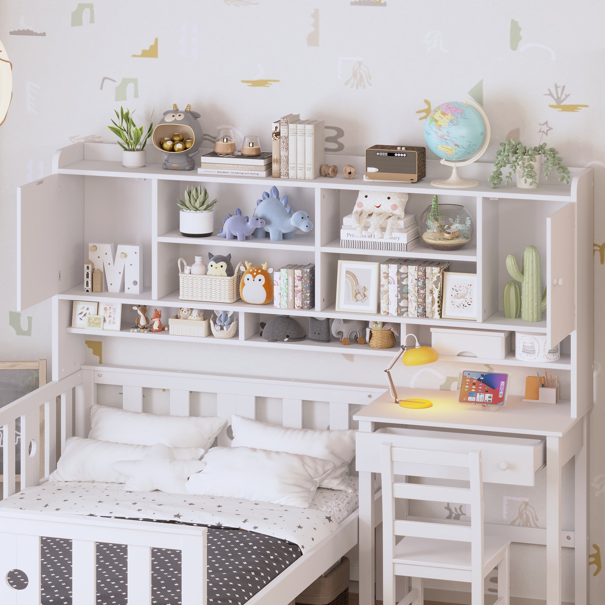 Twin Size Multifunctional Wood Platform Bed With Bookshelf At The Head Of The Bed, Built In Desk And Matching Chair, White Twin White Wood