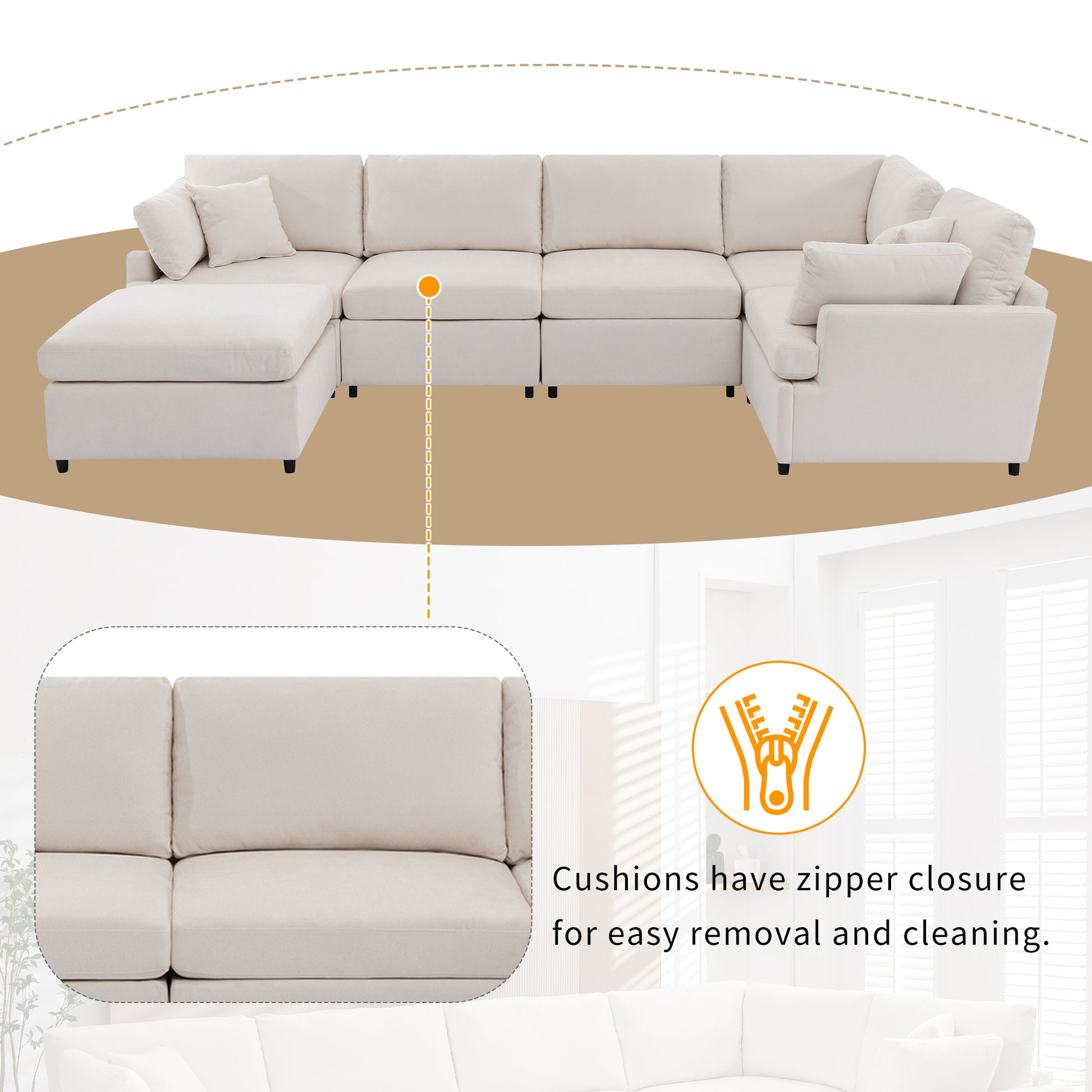 Modern Large U Shape Sectional Sofa, With Removable Ottomans For Living Room 6 Seater Beige Polyester 6 Seat