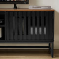 63 Inch Mid Century Modern Tv Stand With Slatted Grille Striped Doors, Tv Stand With Storage, Entertainment Center For Living Room Bedroom, Tv Media Console Black Brown 60 69 Inches Mdf