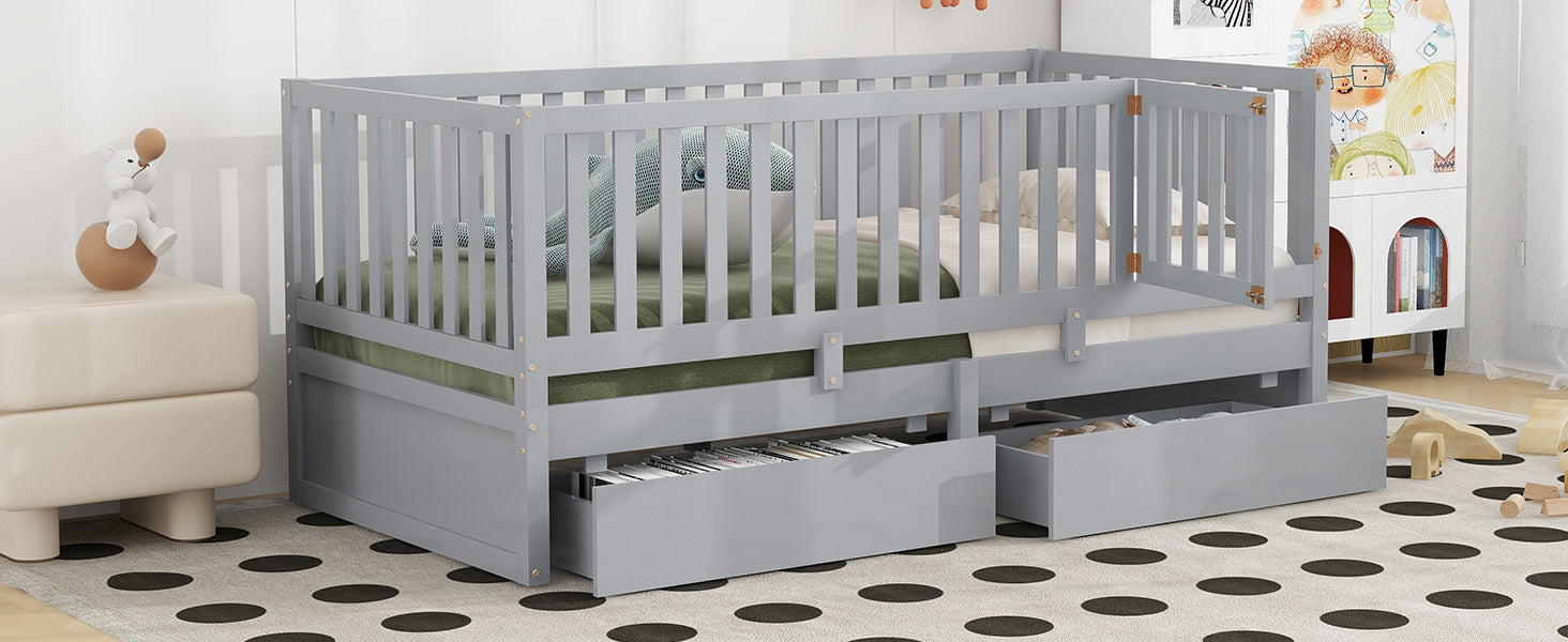 Twin Size Wood Daybed With Fence Guardrails And 2 Drawers, Split Into Independent Floor Bed & Daybed, Gray Old Sku :Lp000881Aae Twin Gray Solid Wood Mdf